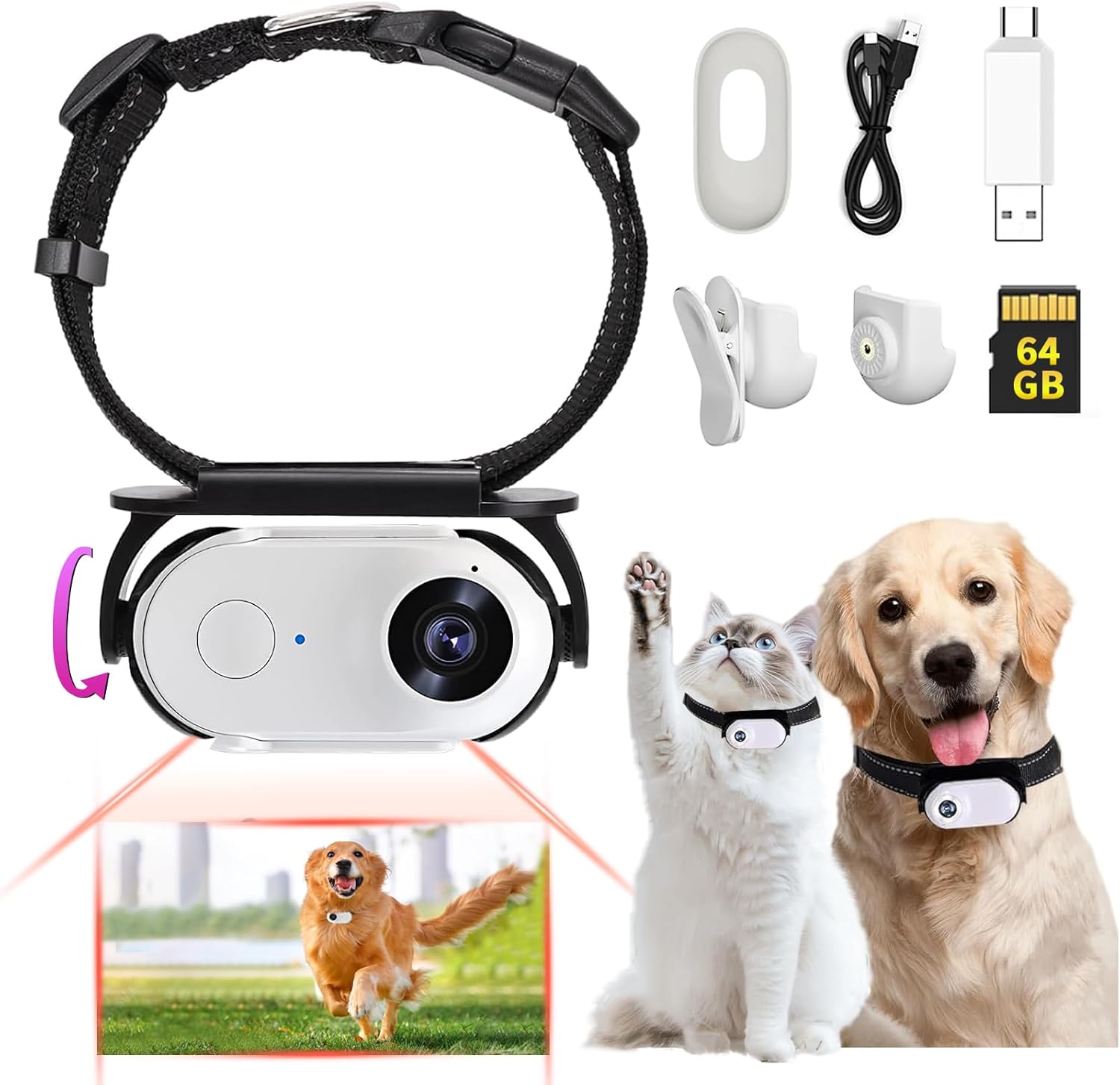 1080P Cat Camera Collar, HD 1080P Video Mini Collar with SD Card, Wireless Action Camera for Cats and Dogs, Dog Tracker Outdoor/Indoor (White 64GB)