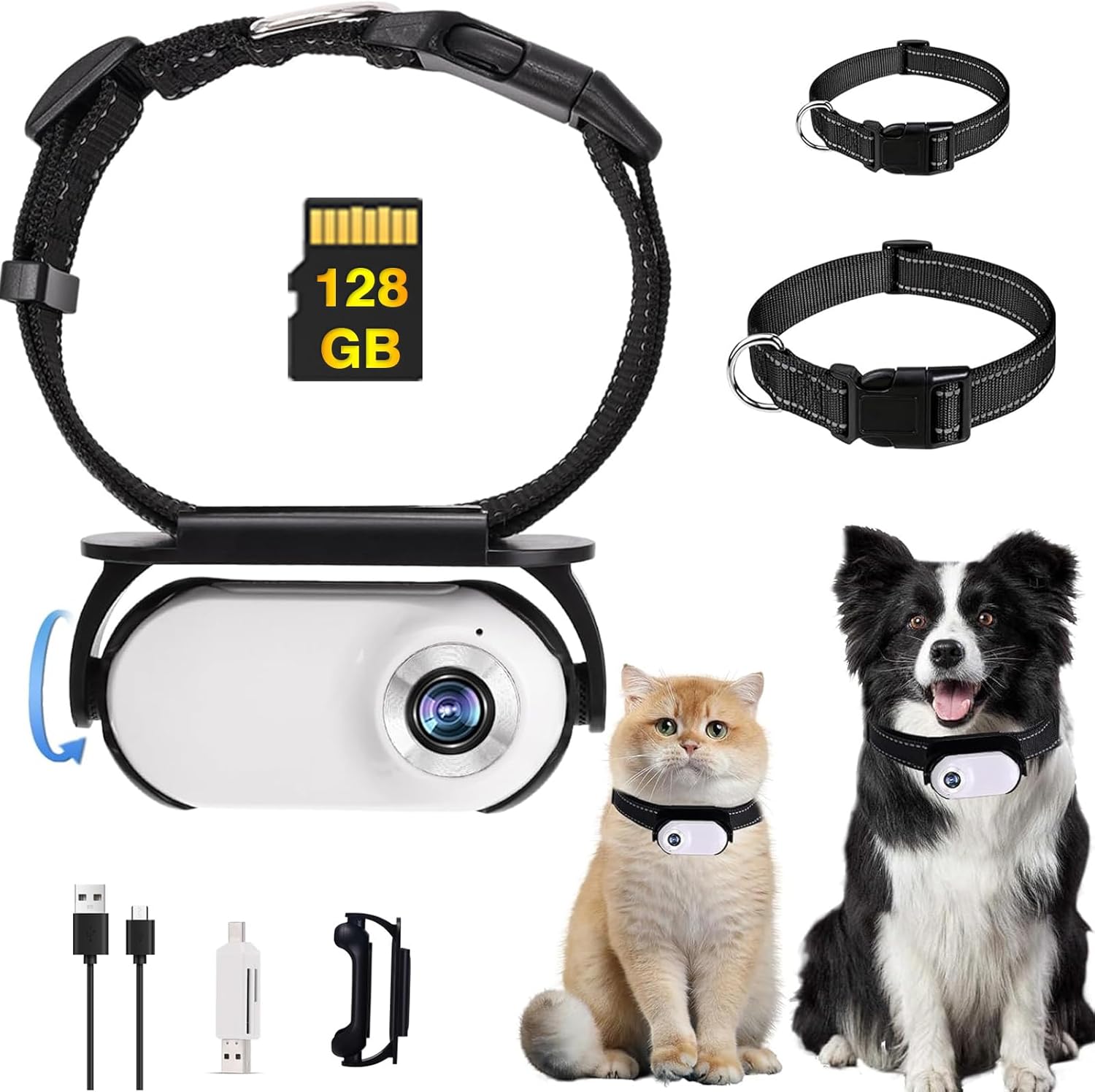1080P Cat Camera Collar,128GB Mini Body Camera for Pets, Action Recorder for Cats and Dogs, Dog Tracker Cam Collar Outdoor/Indoor, Birthday Gift for Pets