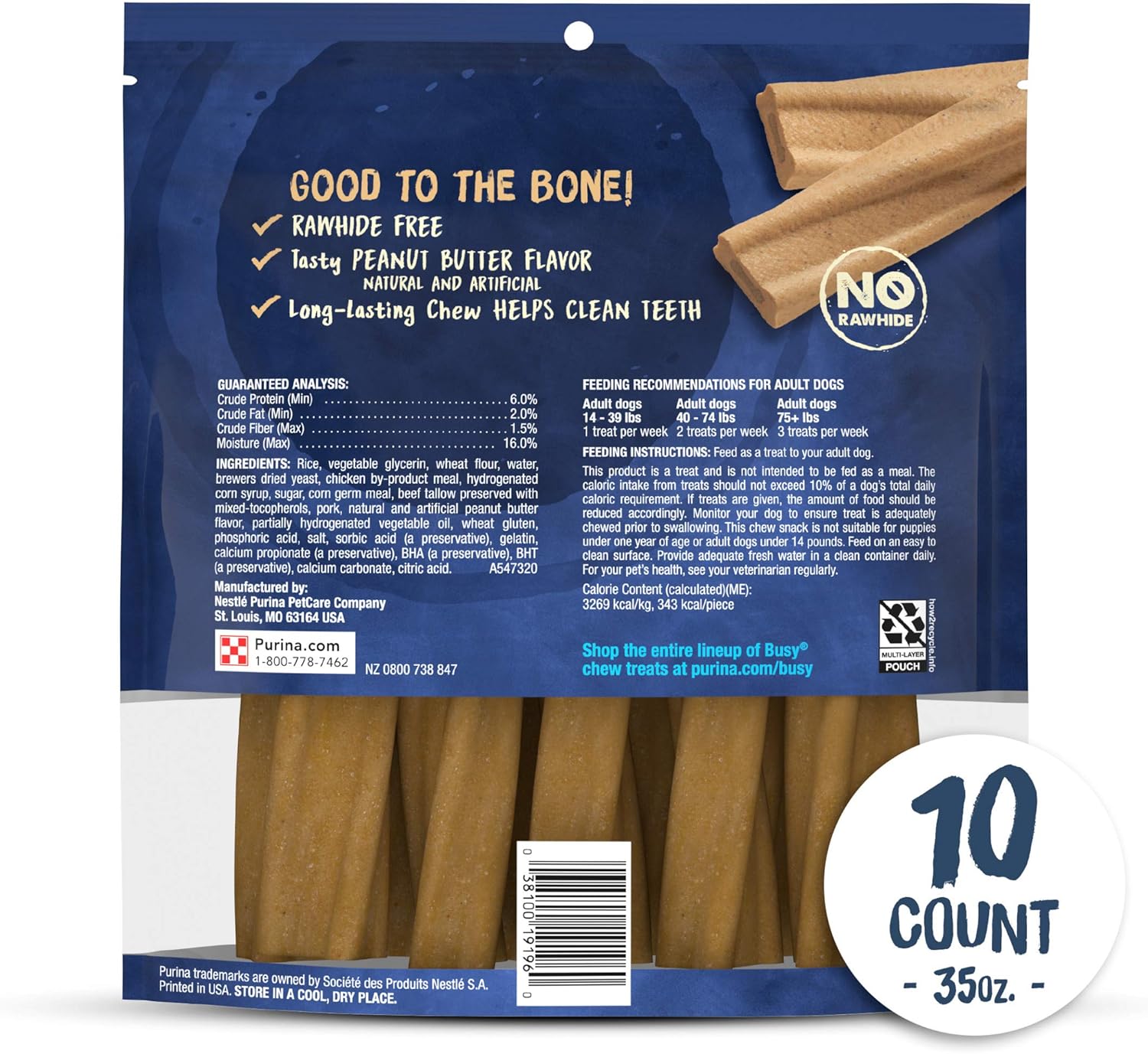 Purina Busy Bone Made in USA Facilities, Long Lasting Small/Medium Breed Adult Dog Chews, Peanut Butter Flavor – 10 ct. Pouch