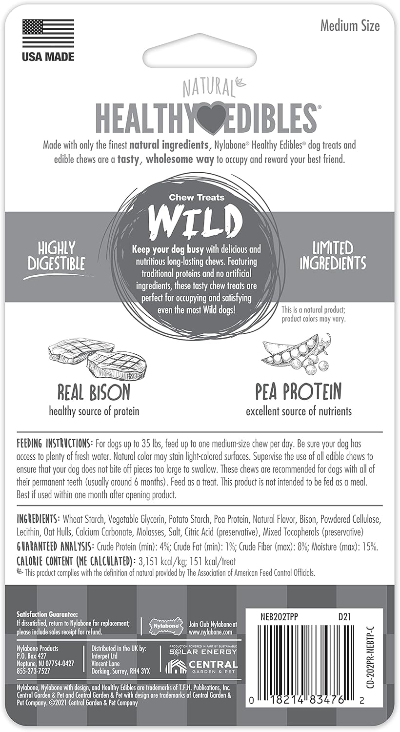 Nylabone Healthy Edibles WILD Natural Long-Lasting Bison Flavor Bone Chew Treats for Dogs, Medium (2 Count)