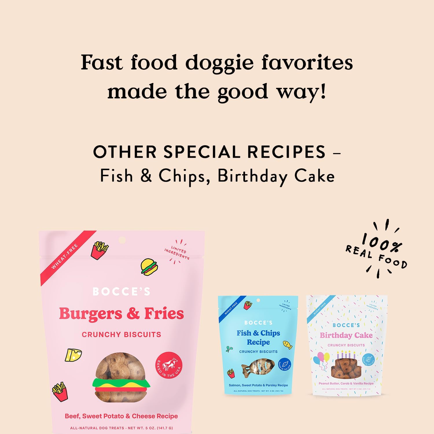 Bocce’s Bakery – Limited Edition Wheat-Free Dog Treats, Burgers & Fries Biscuits, 5 oz