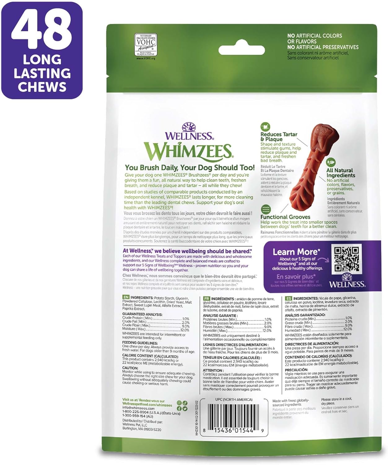 Wellness WHIMZEES Brushzees Dog Dental Treats, Natural Chews, Extra Small Size Stick, (48 Count)