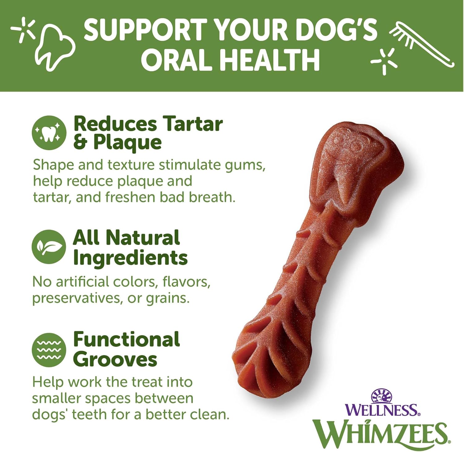 Wellness WHIMZEES Brushzees Dog Dental Treats, Natural Chews, Extra Small Size Stick, (48 Count)