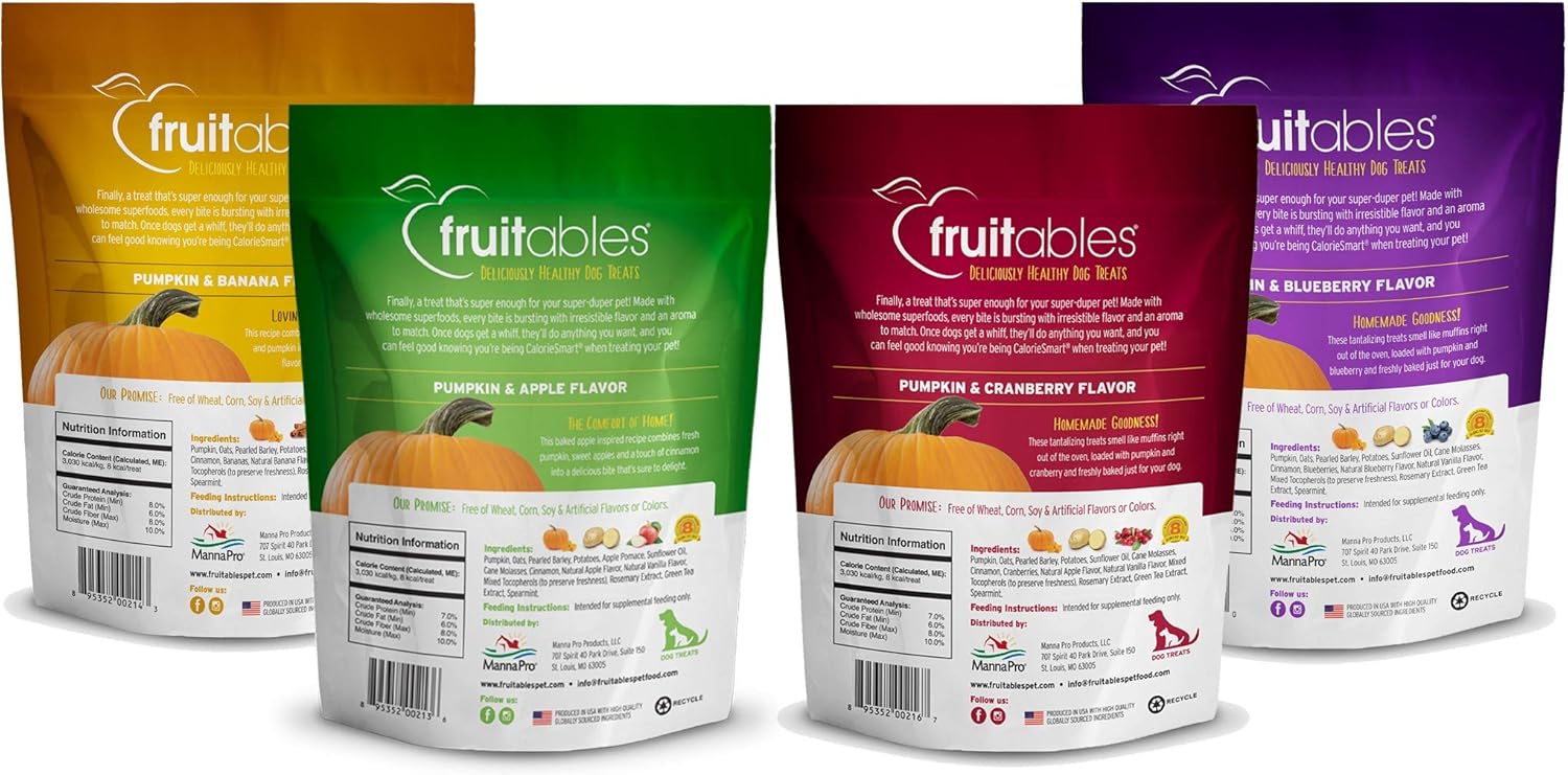 Fruitables Baked Dog Treats Variety 4 Pack (Pumpkin & Apple, Banana, Blueberry, Cranberry) – 7 oz (4 Pack)