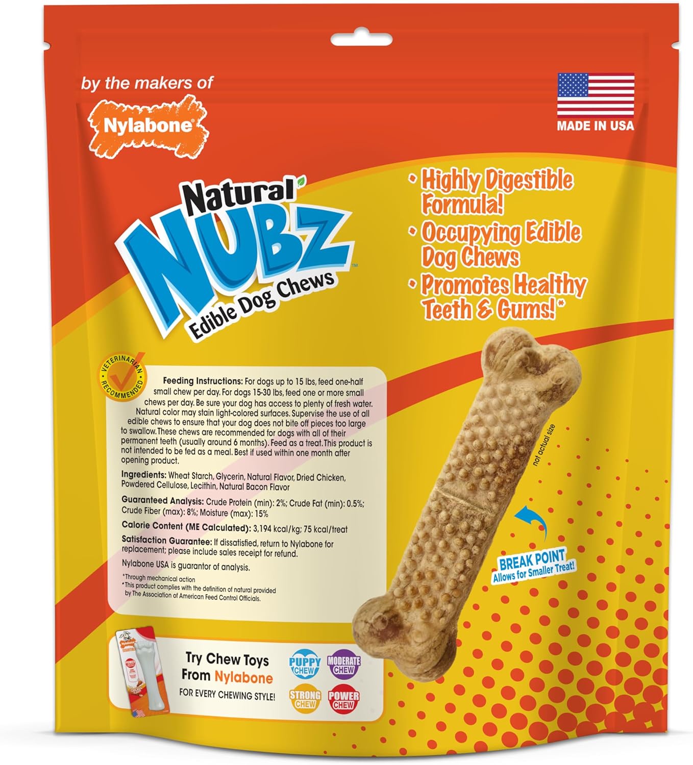Nylabone Nubz Natural Edible Chew Treats for Dogs, Long Lasting Chews Made in USA, Chicken Flavor, Small – Up to 25 lbs. (36 Count)
