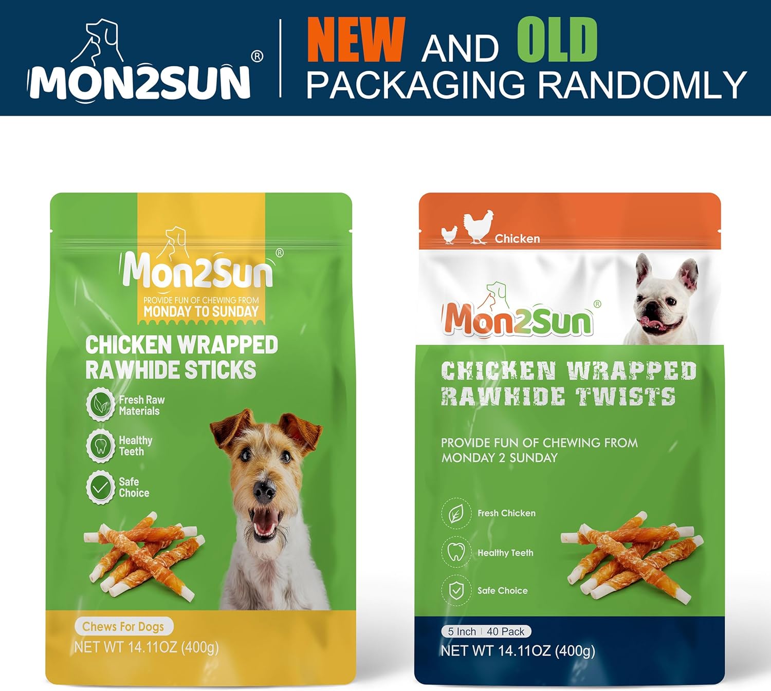 MON2SUN Dog Treats, Rawhide Twist Chicken Hide Sticks, Suitable for Puppy and Small Dogs, 5 Inch (Chicken, Pack of 40)