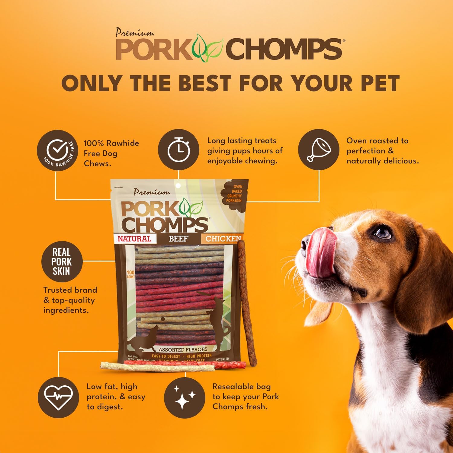 Pork Chomps Dog Chews, 5-inch Munchy Sticks, Assorted Flavors, 100 Count