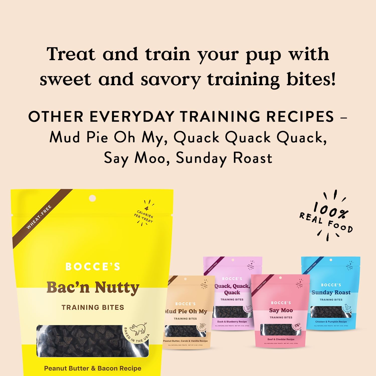 Bocce’s Bakery Bac’N Nutty Training Treats for Dogs, Wheat-Free Dog Treats, Made with Real Ingredients, Baked in The USA, All-Natural & Low Calorie Training Bites, PB & Bacon Recipe, 6 oz