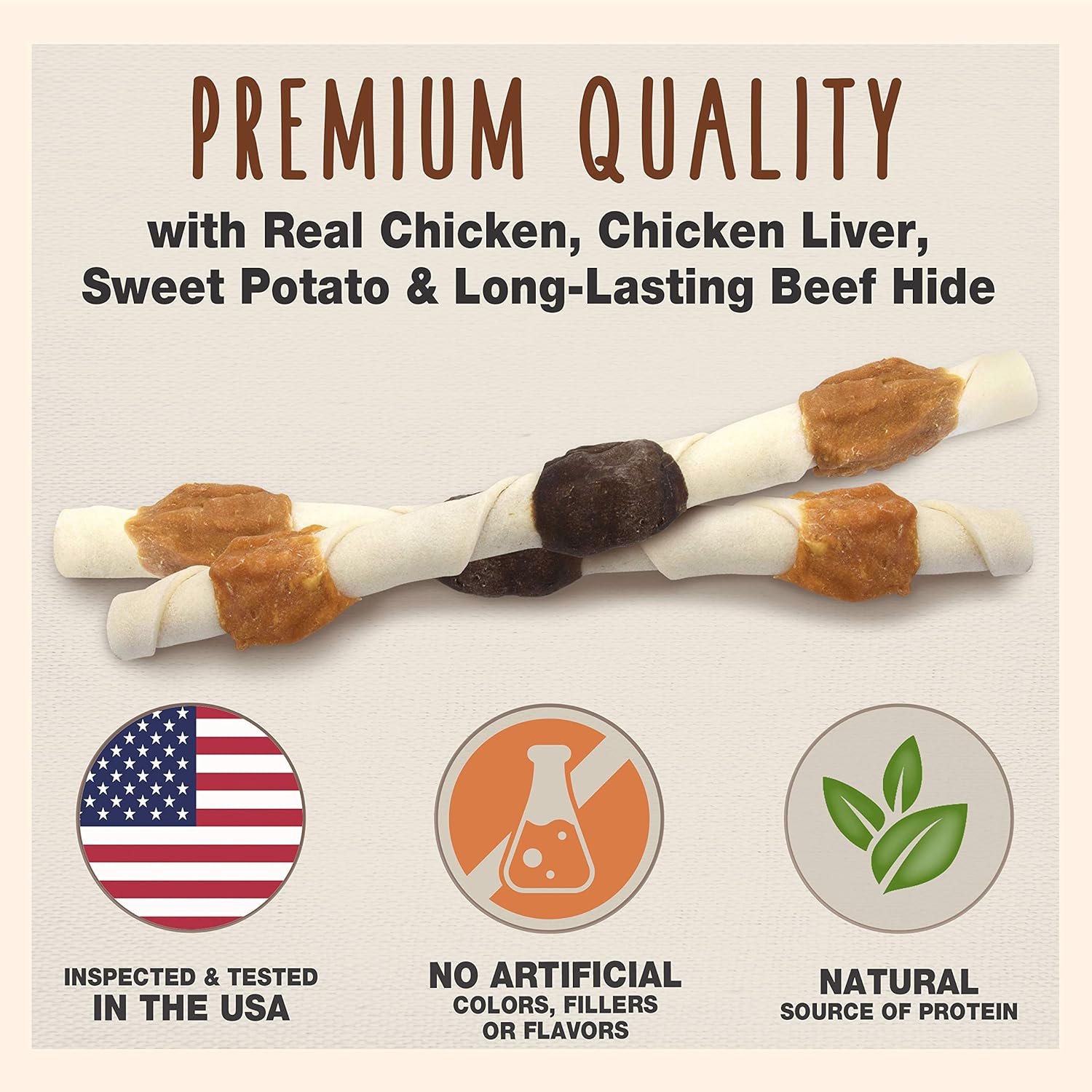 Cadet Gourmet X-Large Triple-Flavored Beef Hide Shish Kabob Dog Treats – Healthy & Natural Chicken, Liver, and Sweet Potato Dog Treats for Dogs Over 30 Lbs., 10 in. (15 Count)
