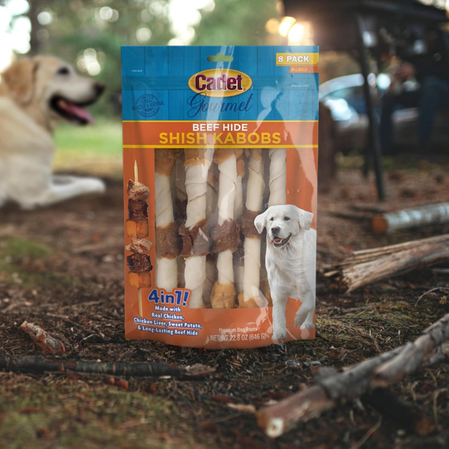 Cadet Gourmet X-Large Triple-Flavored Beef Hide Shish Kabob Dog Treats – Healthy & Natural Chicken, Liver, and Sweet Potato Dog Treats for Dogs Over 30 Lbs., 10 in. (15 Count)