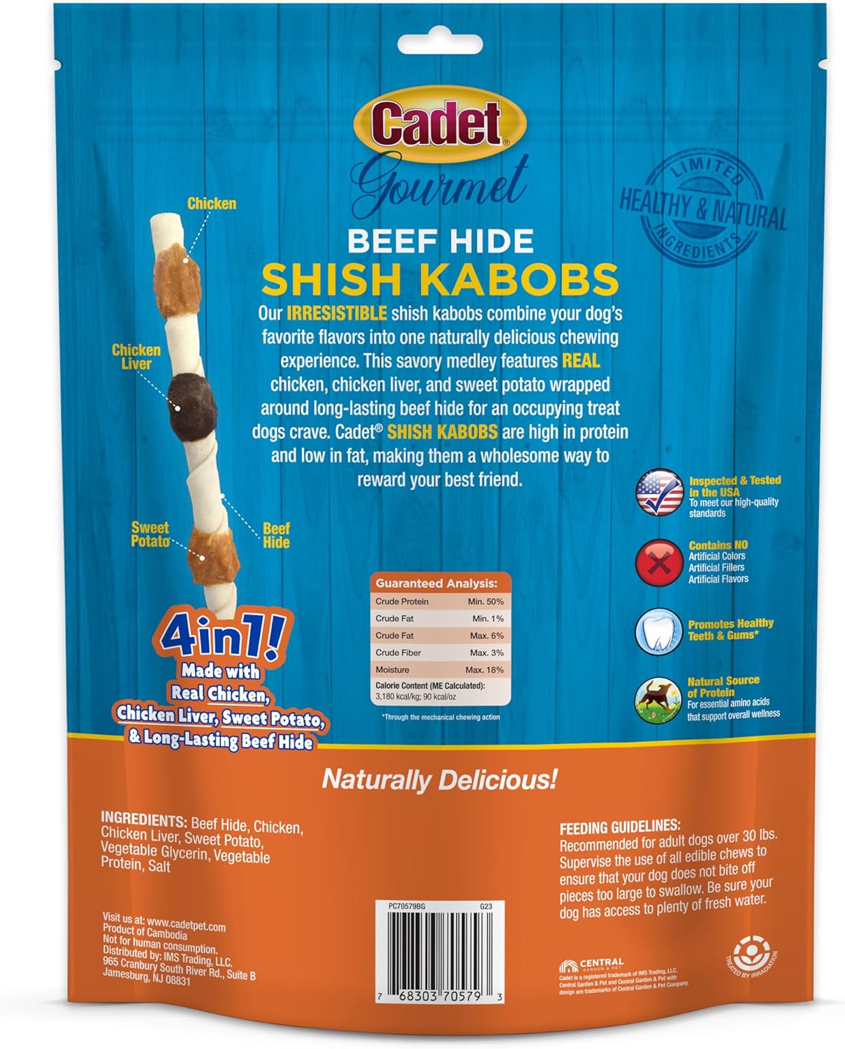Cadet Gourmet X-Large Triple-Flavored Beef Hide Shish Kabob Dog Treats – Healthy & Natural Chicken, Liver, and Sweet Potato Dog Treats for Dogs Over 30 Lbs., 10 in. (15 Count)