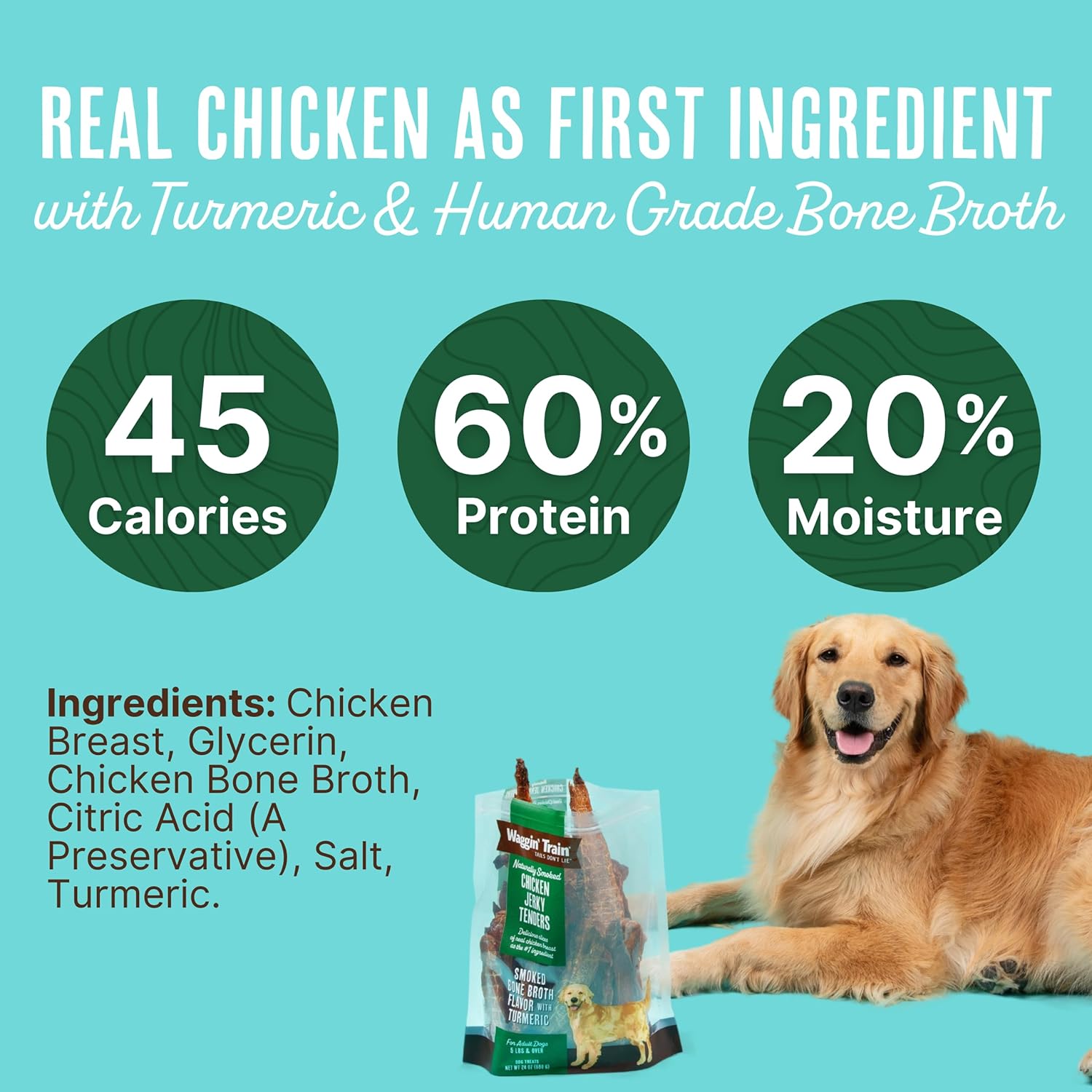 Waggin’ Train Smoked Chicken Jerky Tenders with Turmeric and Bone Broth for Dogs – 24 oz. Pouch – Grain Free, High Protein, Limited Ingredient Dog Treat