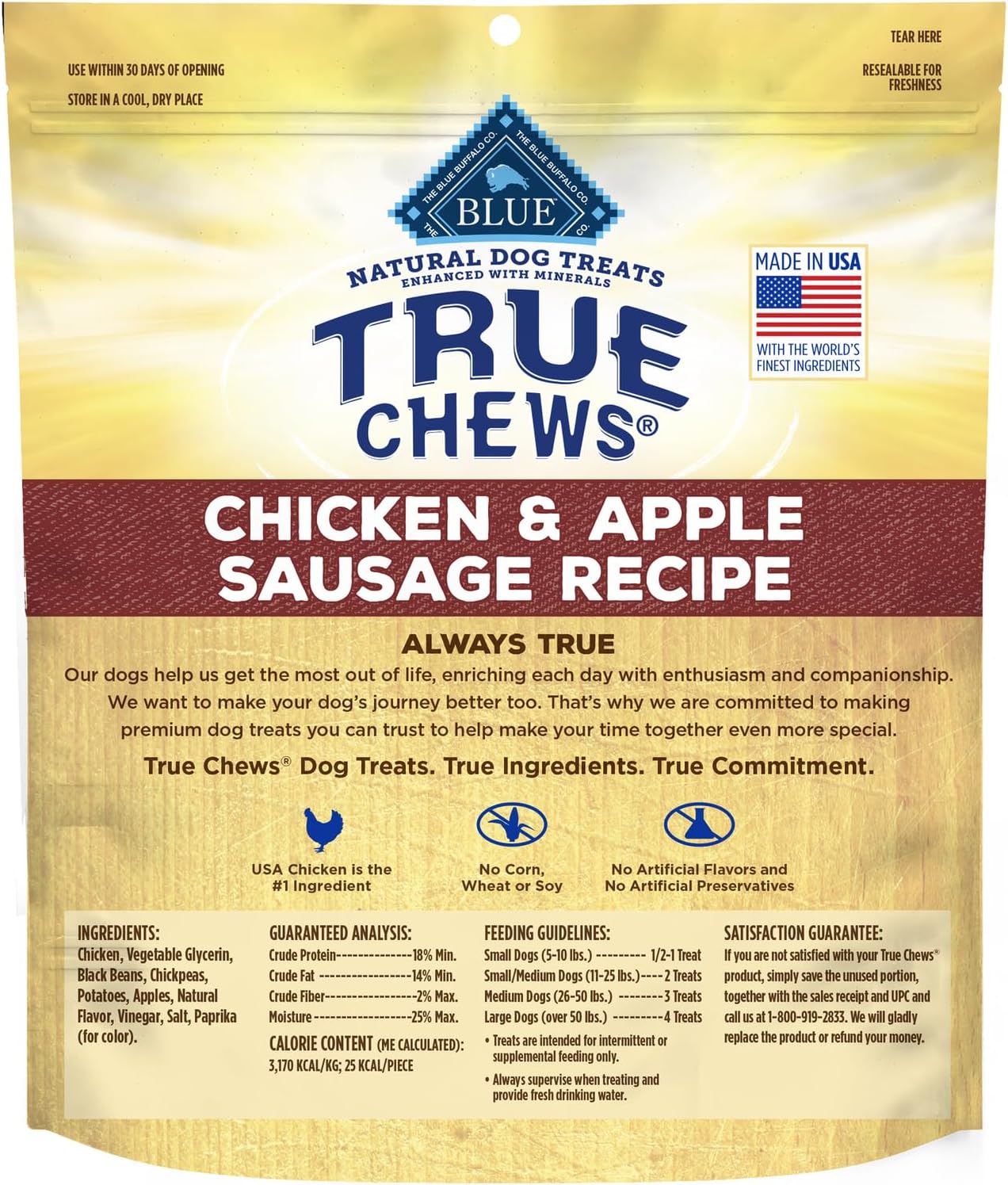 Blue Buffalo True Chews Dog Treats, Made in the USA with Natural Ingredients, Chicken and Apple Sausage Recipe, 12-oz Bag