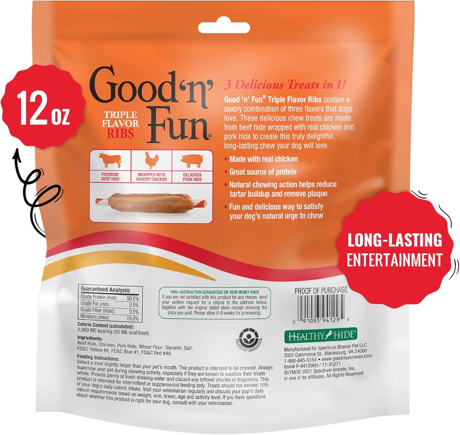 Good ‘n’ Fun Triple Flavor Ribs Chews for All Dogs, Treat Your Dog to Long-Lasting Chews Made with Beef Hide, Chicken and Pork Hide, 12 Ounces