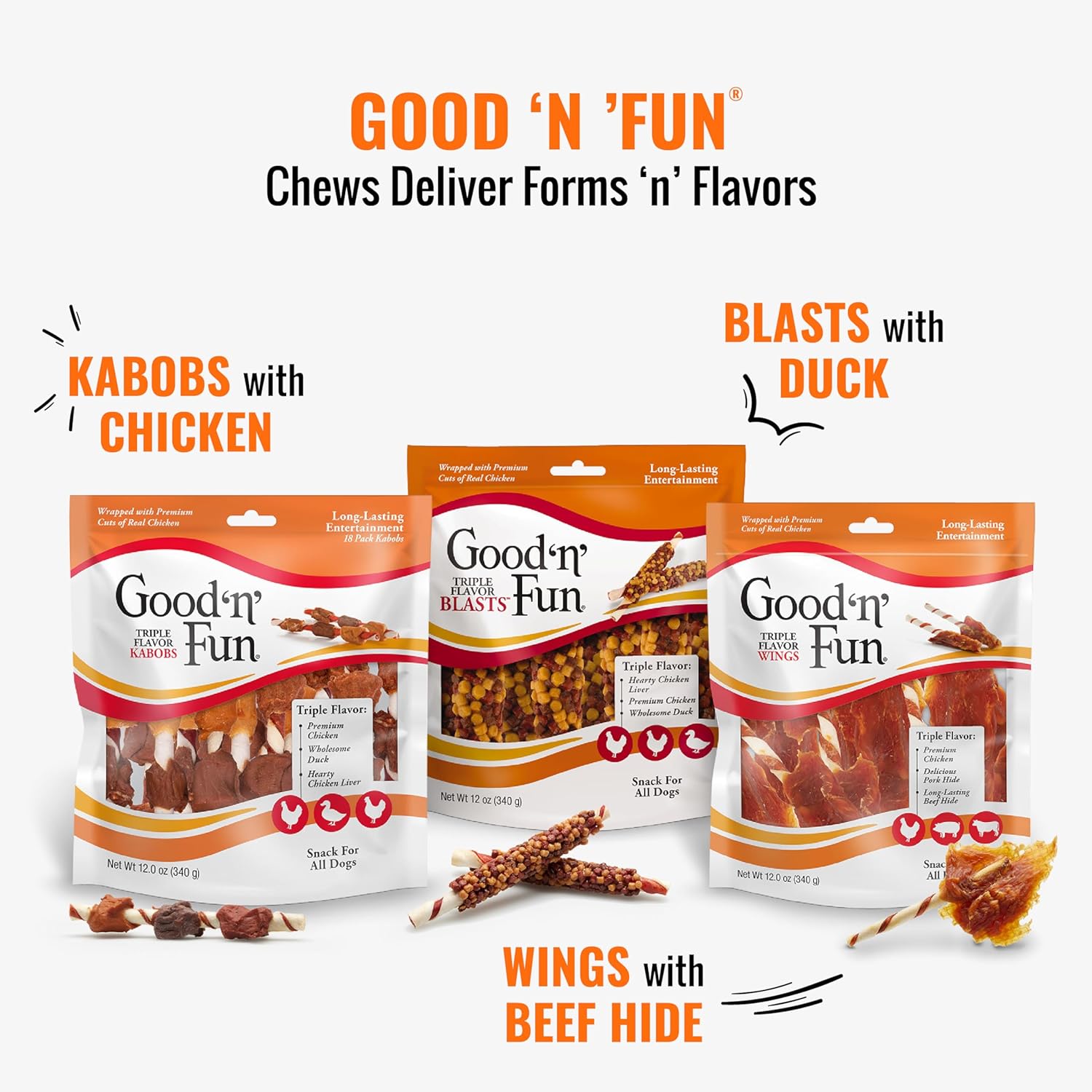 Good ‘n’ Fun Triple Flavor Ribs Chews for All Dogs, Treat Your Dog to Long-Lasting Chews Made with Beef Hide, Chicken and Pork Hide, 12 Ounces