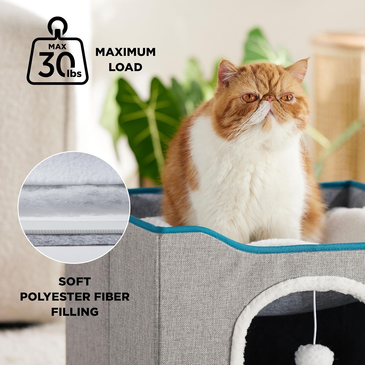 Bedsure Cat Beds for Indoor Cats – Large Cat Cave for Pet Cat House with Fluffy Ball Hanging and Scratch Pad, Foldable Cat Hideaway,16.5×16.5×13 inches, Grey