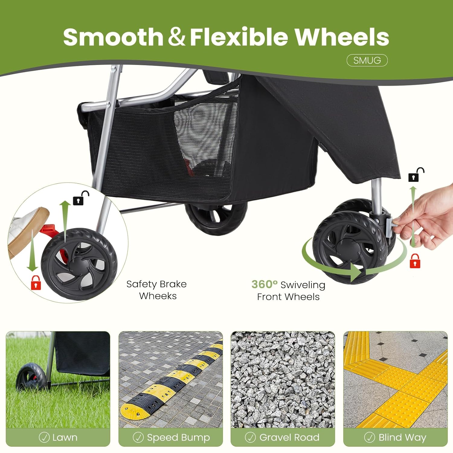 SMUG Small Pet Stroller | Lightweight & Foldable Design | Comfortable, Easy-Ride Pet Carrier for Dogs & Cats | Black