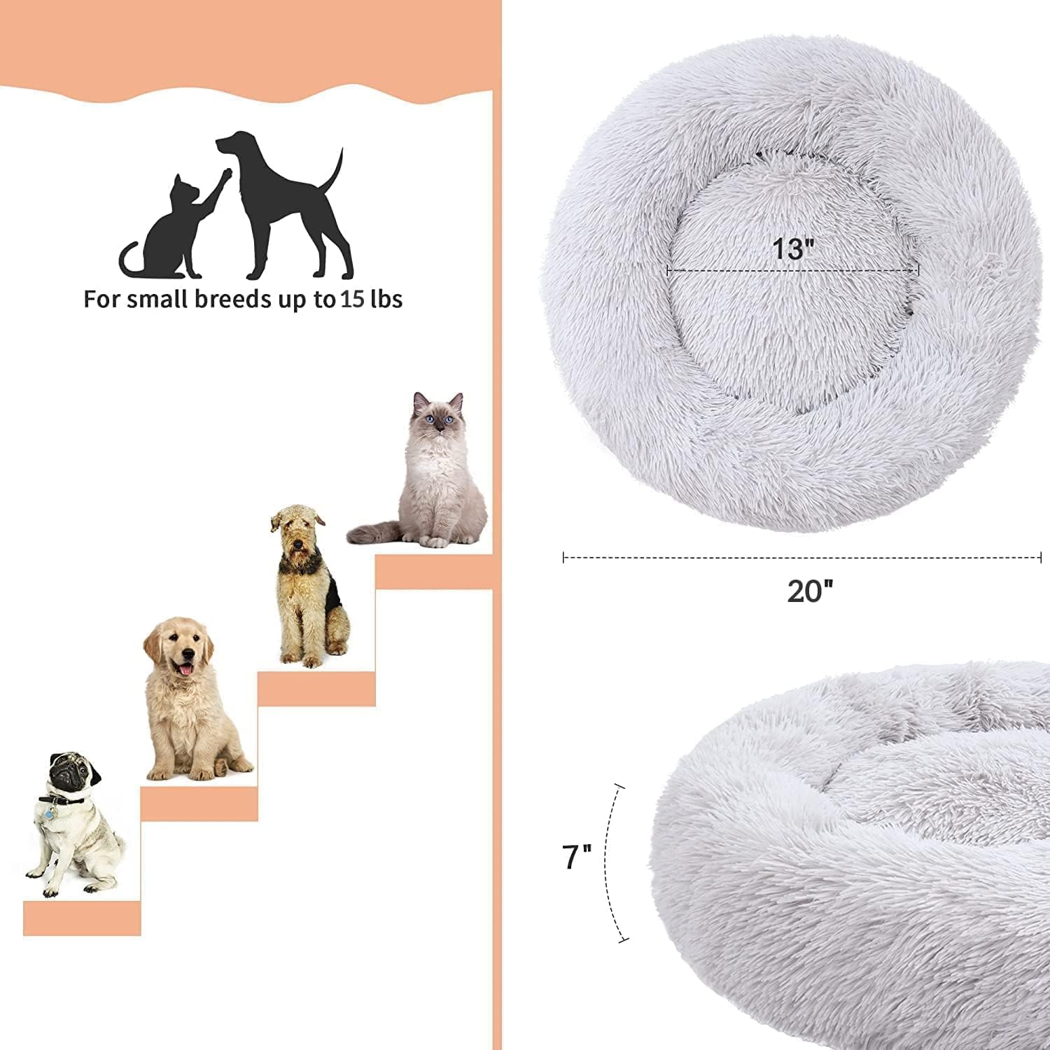 Cat Beds for Indoor Cats – Cat Bed Washable 20/24 inches, Dog Beds for Small Medium Dogs, Anti Anxiety Round Fluffy Plush Faux Fur Pet Bed, Thick Bottom (Light Grey, Medium)