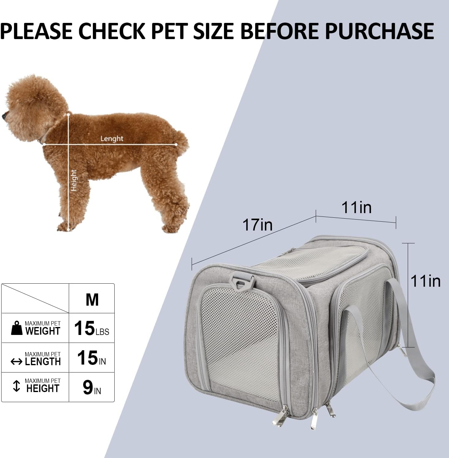Cat, Dog Carrier for Small Medium Cats Puppies up to 15 Lbs, TSA Airline Approved Carrier Soft Sided, Collapsible Travel Puppy Carrier – Grey