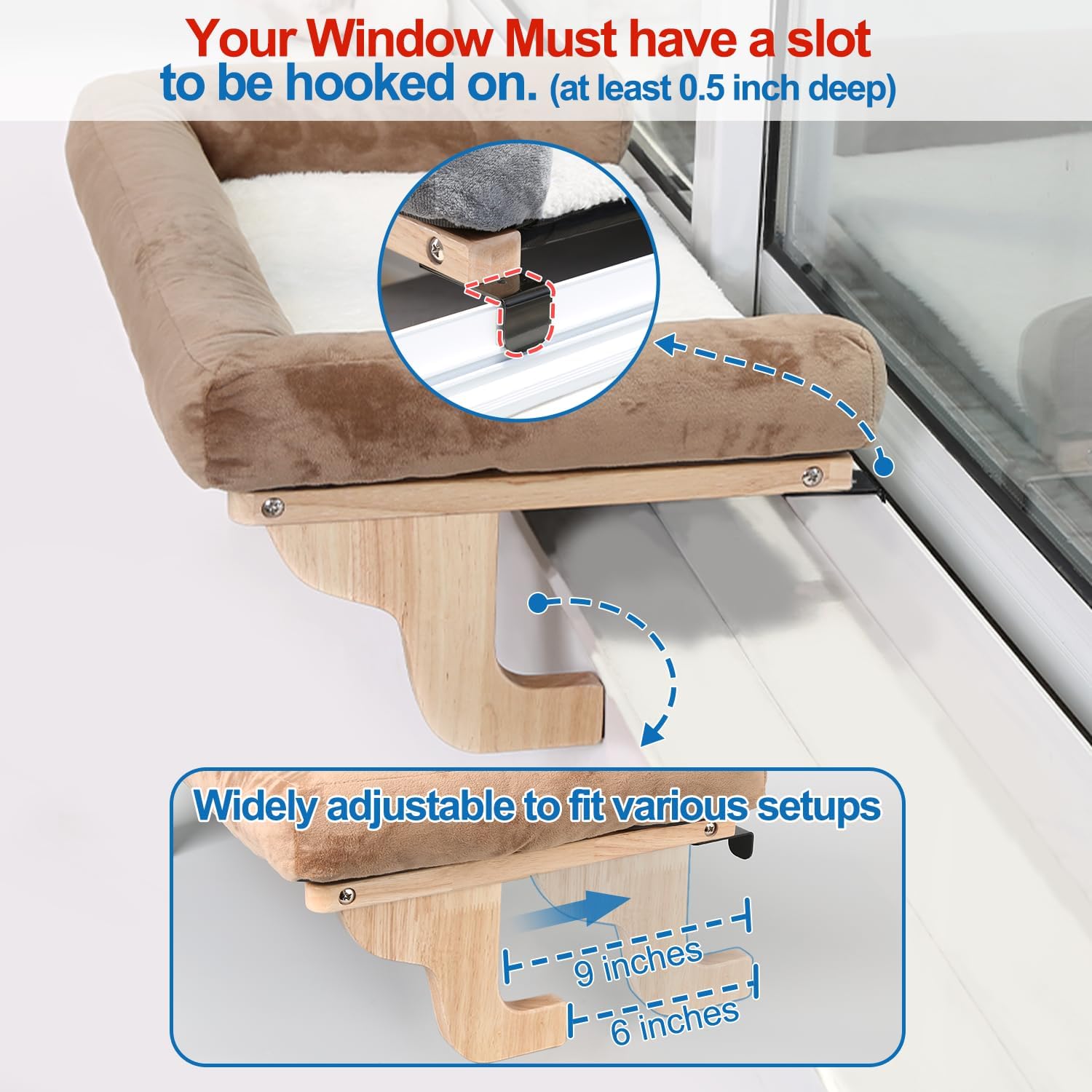 Cat Perch for Window Sill with Bolster – Orthopedic Hammock Design with Premium Hardwood & Robust Metal Frame – Cat Window Seat for Large Cats and Kittens – Natural Color Wood with Gray Bed