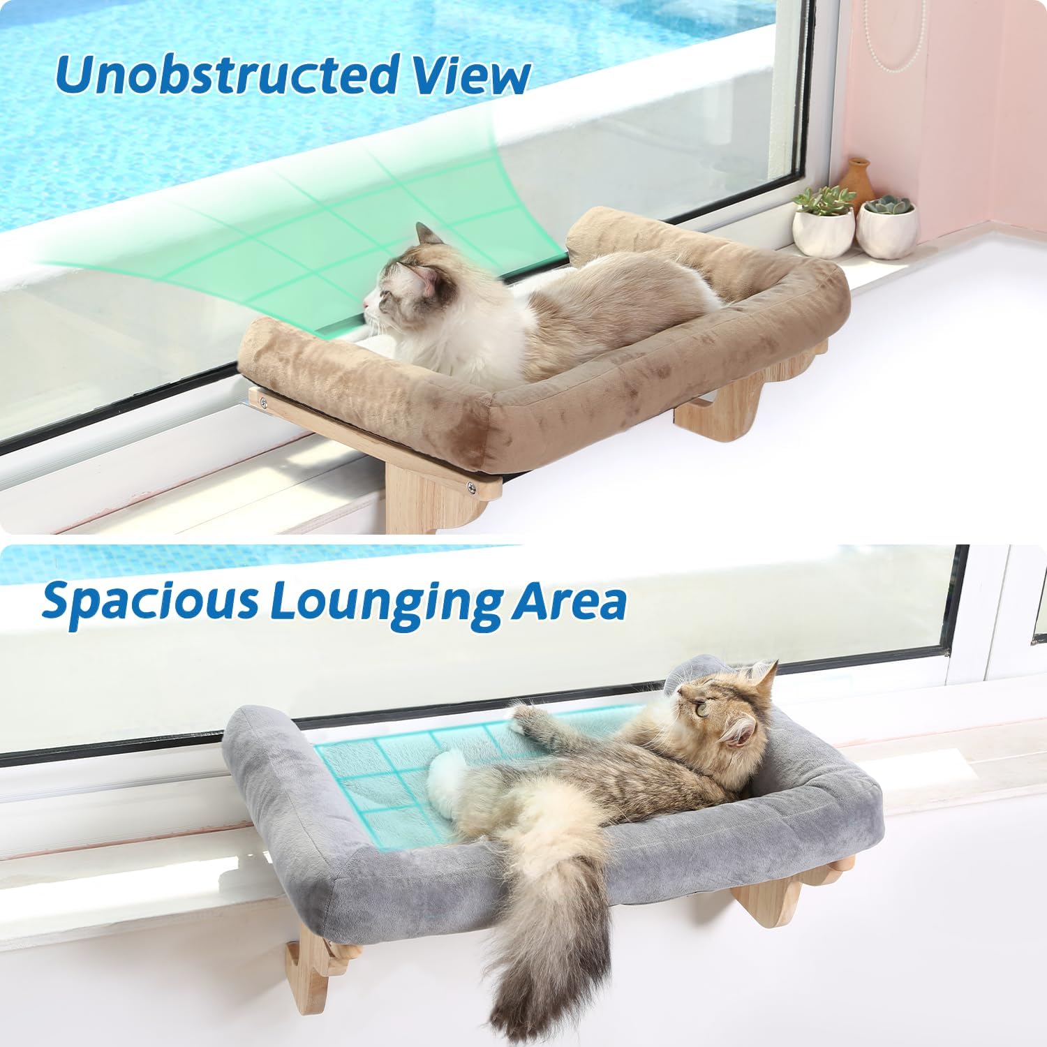 Cat Perch for Window Sill with Bolster – Orthopedic Hammock Design with Premium Hardwood & Robust Metal Frame – Cat Window Seat for Large Cats and Kittens – Natural Color Wood with Gray Bed