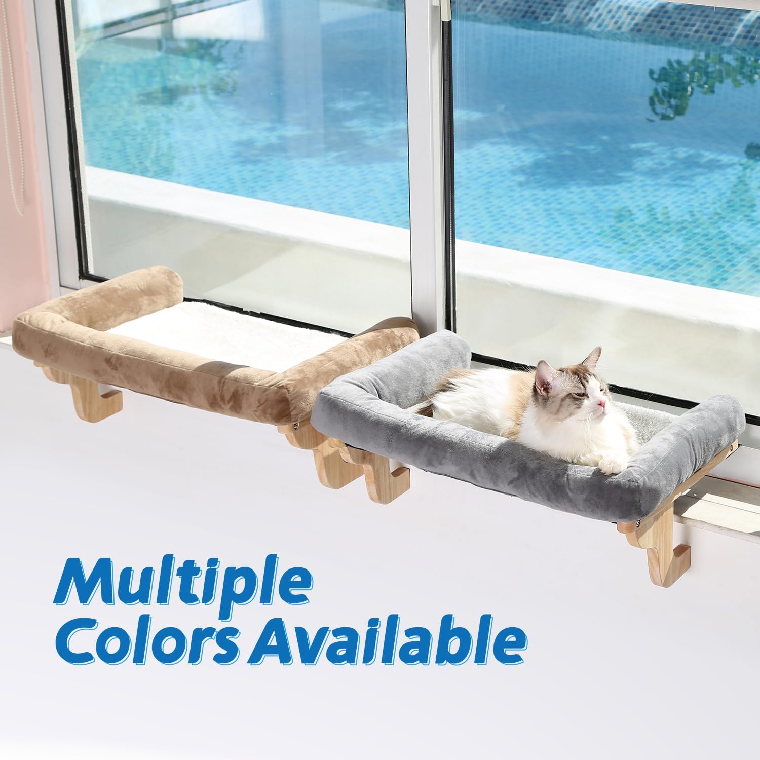 Cat Perch for Window Sill with Bolster – Orthopedic Hammock Design with Premium Hardwood & Robust Metal Frame – Cat Window Seat for Large Cats and Kittens – Natural Color Wood with Gray Bed