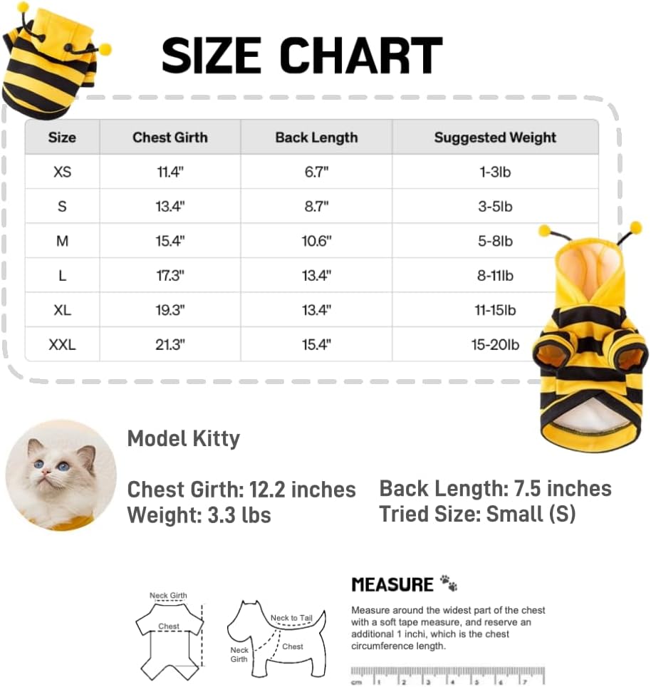 Selena Cat Bee Antennae Costume Hoodies Cute Bee Stripes Dog Kitten Puppy Pet Apparel (X-Small,Yellow&Black)