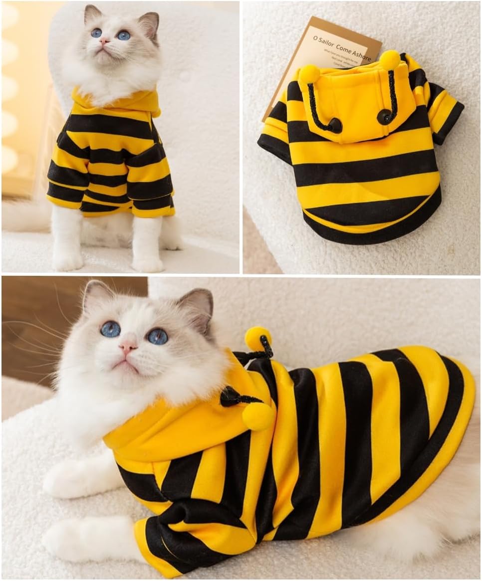 Selena Cat Bee Antennae Costume Hoodies Cute Bee Stripes Dog Kitten Puppy Pet Apparel (X-Small,Yellow&Black)