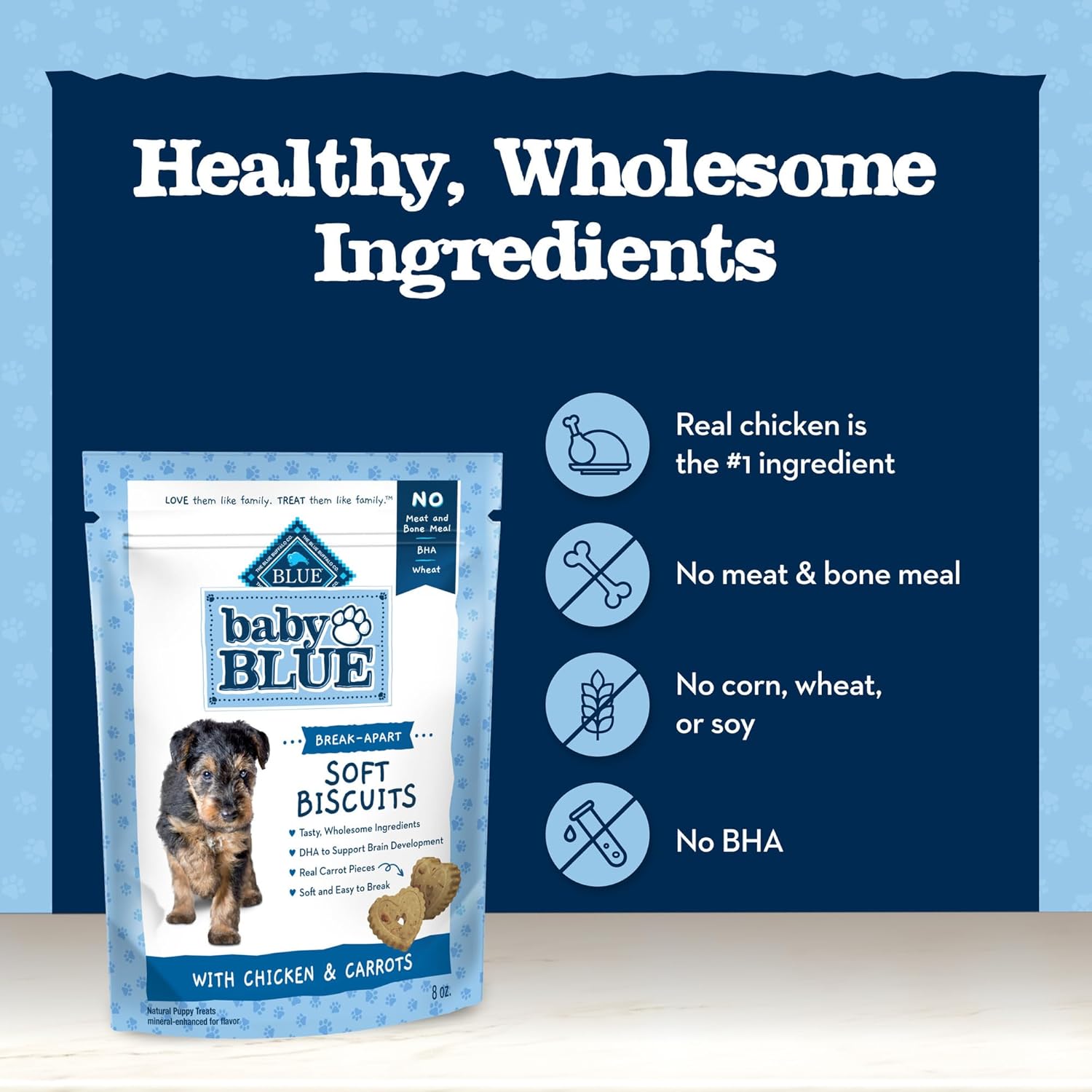 Blue Buffalo Baby BLUE Soft Biscuits with DHA, Natural Dog Treats for Puppies, Great for Training, with Chicken & Carrots, 8-oz. Bag