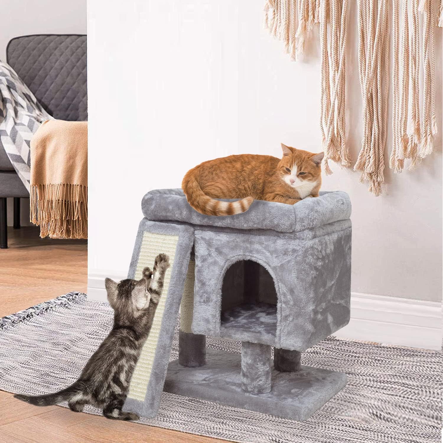 SYANDLVY Small Cat Tree for Indoor Cats, Cat Tower with Scratching Post, Modern Activity House for Large Cats, Condo with Board, Kittens Cave (Light Grey)