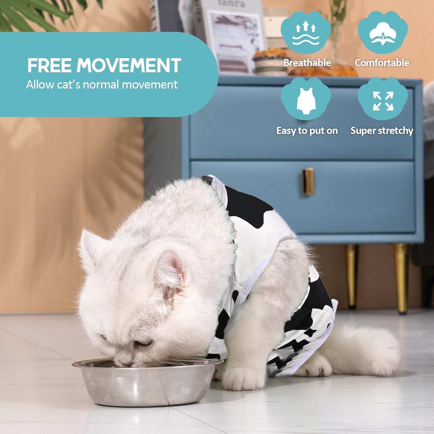 Avont Cat Recovery Suit – Kitten Onesie for Cats After Surgery, Cone of Shame Alternative Surgical Spay Suit for Female Cat, Post-Surgery or Skin Diseases Protection -Cow(M)