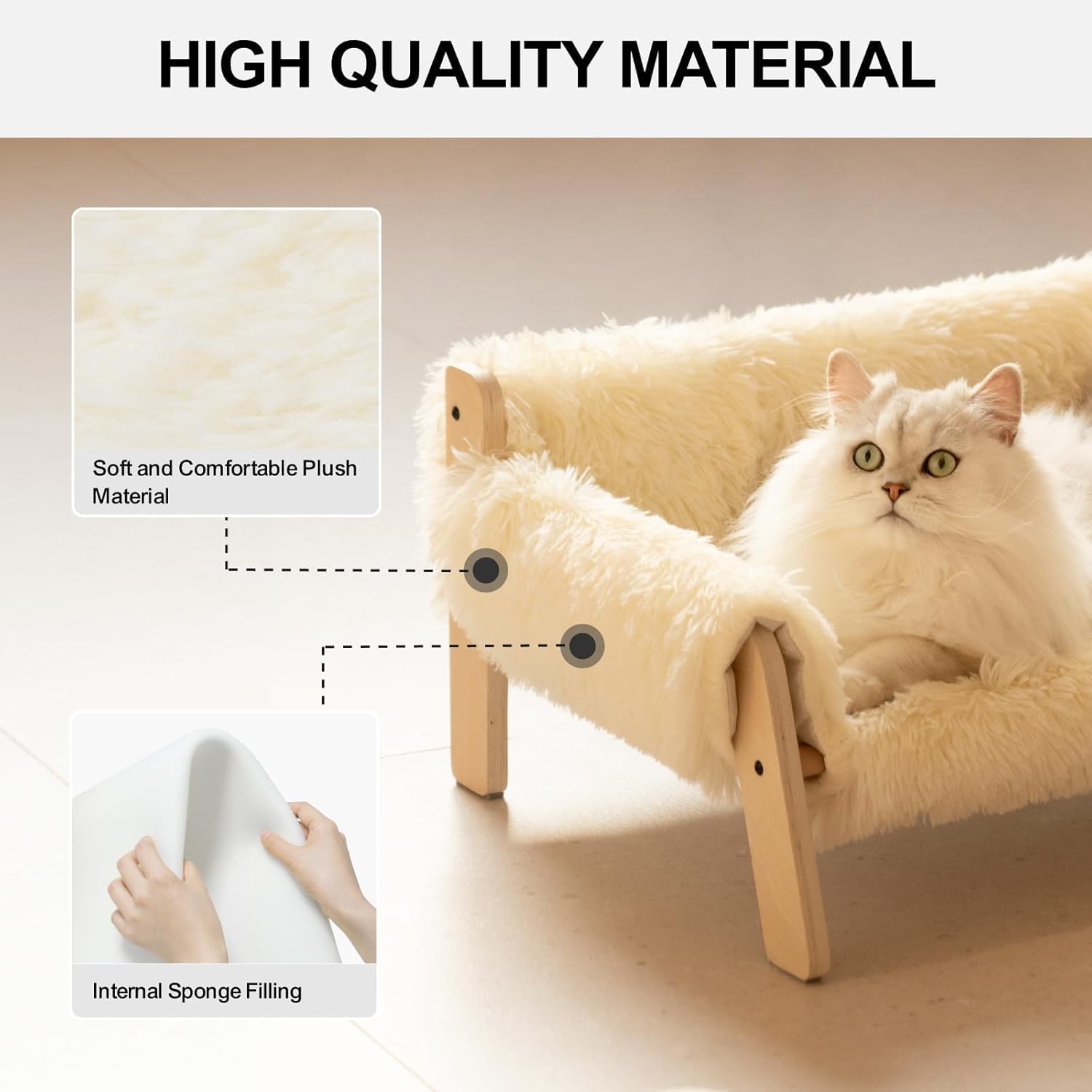 MEWOOFUN Cat Couch Bed, Pet Sofa for Indoor Cats Wooden Indoor Elevated Cat Beds with Removable Mattress Cover Suitable for Kitty, Puppy or Small Animal (Beige, Medium)
