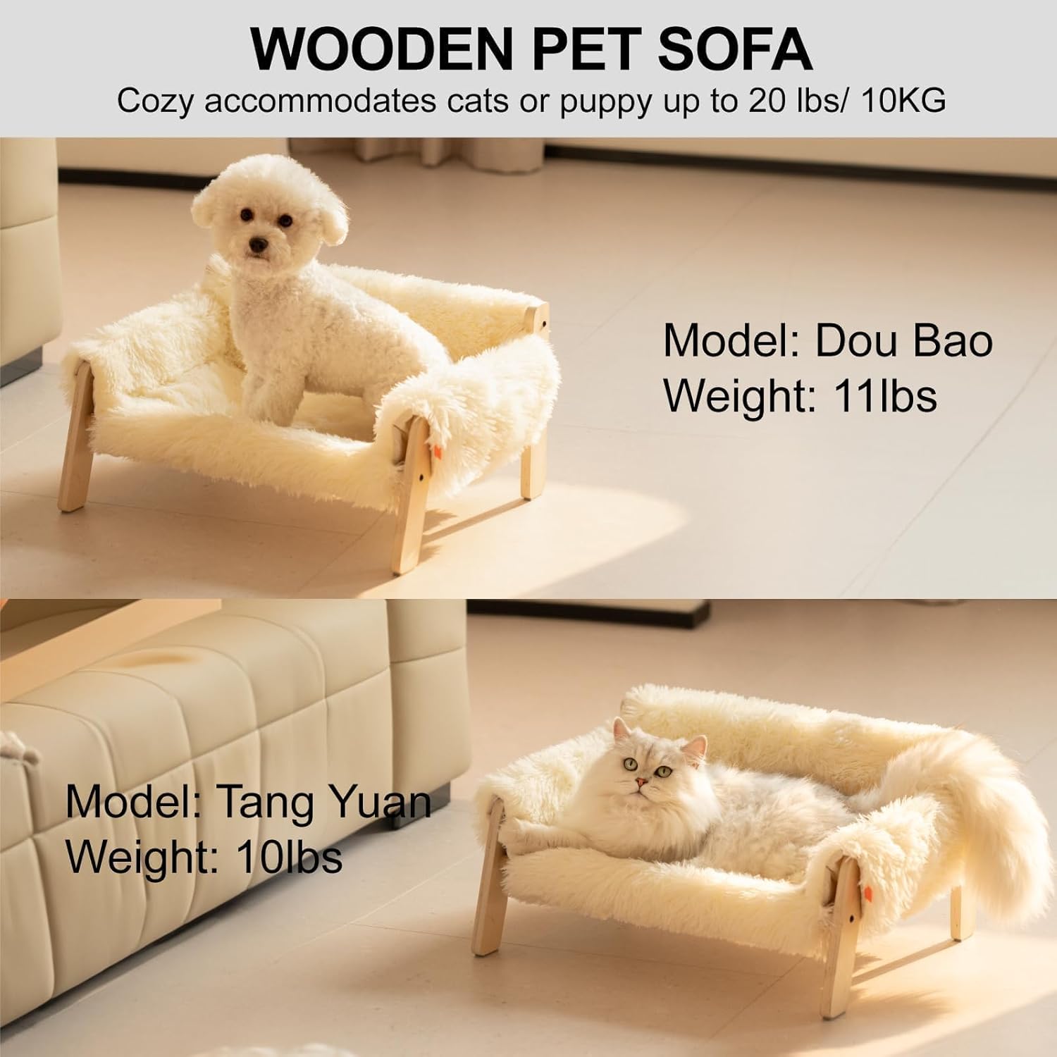 MEWOOFUN Cat Couch Bed, Pet Sofa for Indoor Cats Wooden Indoor Elevated Cat Beds with Removable Mattress Cover Suitable for Kitty, Puppy or Small Animal (Beige, Medium)