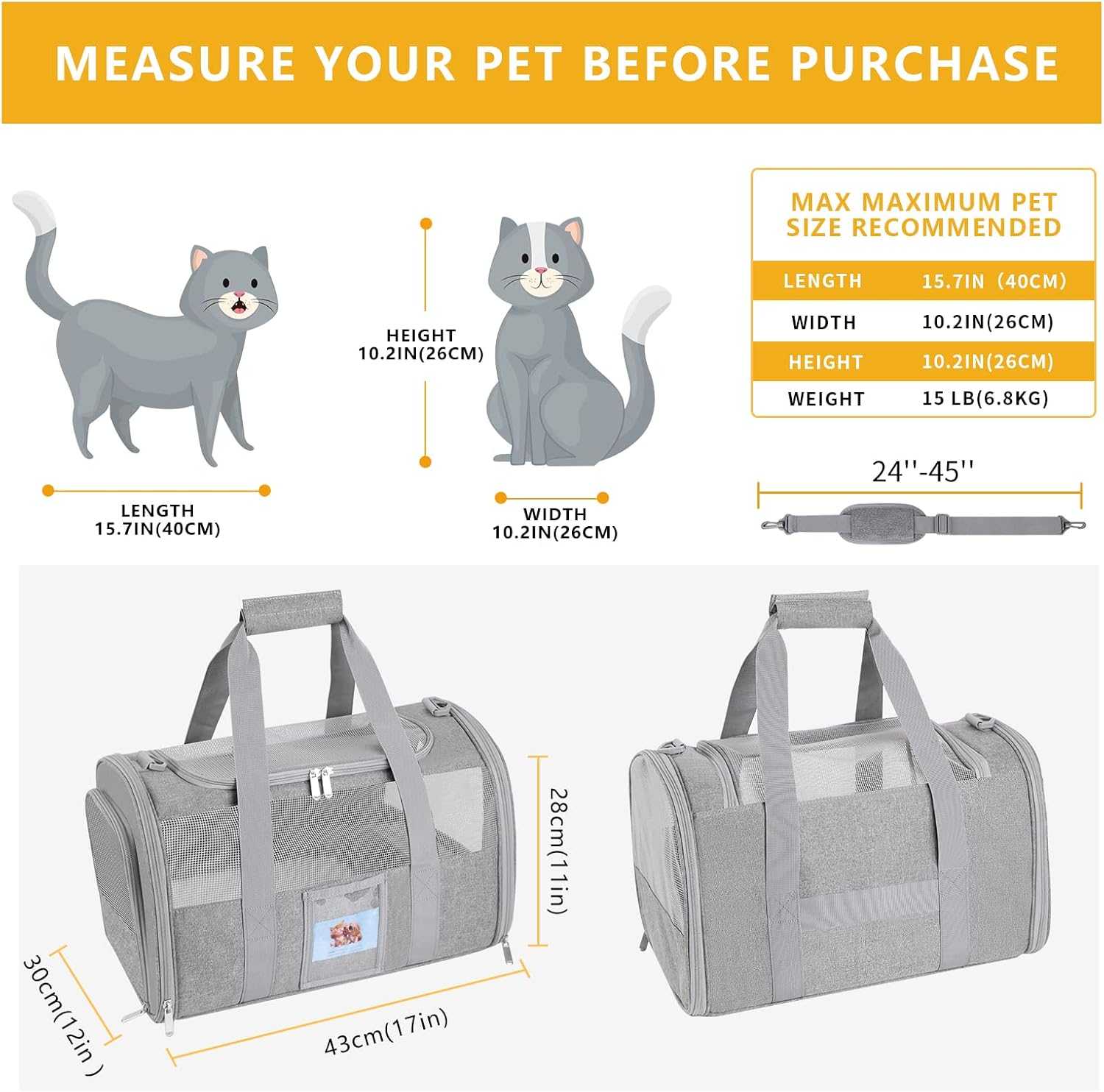 Pet Carrier Airline/TSA Approved Small Dogs, Kitten, Carriers for Small Medium Cats Under 15lb, Collapsible Soft Sided Cat Travel Carrier-Grey