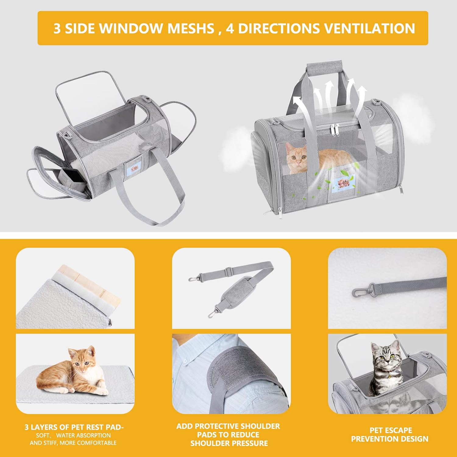 Pet Carrier Airline/TSA Approved Small Dogs, Kitten, Carriers for Small Medium Cats Under 15lb, Collapsible Soft Sided Cat Travel Carrier-Grey