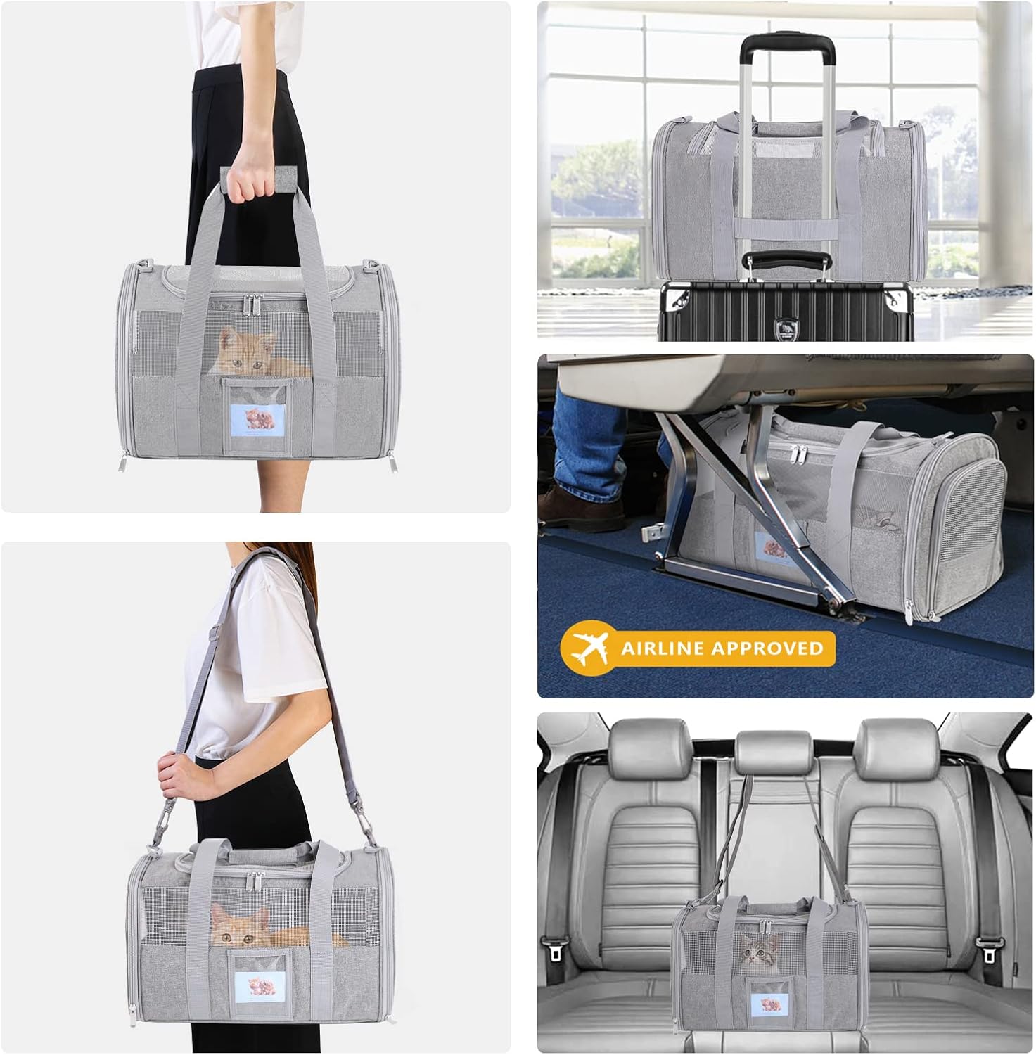 Pet Carrier Airline/TSA Approved Small Dogs, Kitten, Carriers for Small Medium Cats Under 15lb, Collapsible Soft Sided Cat Travel Carrier-Grey