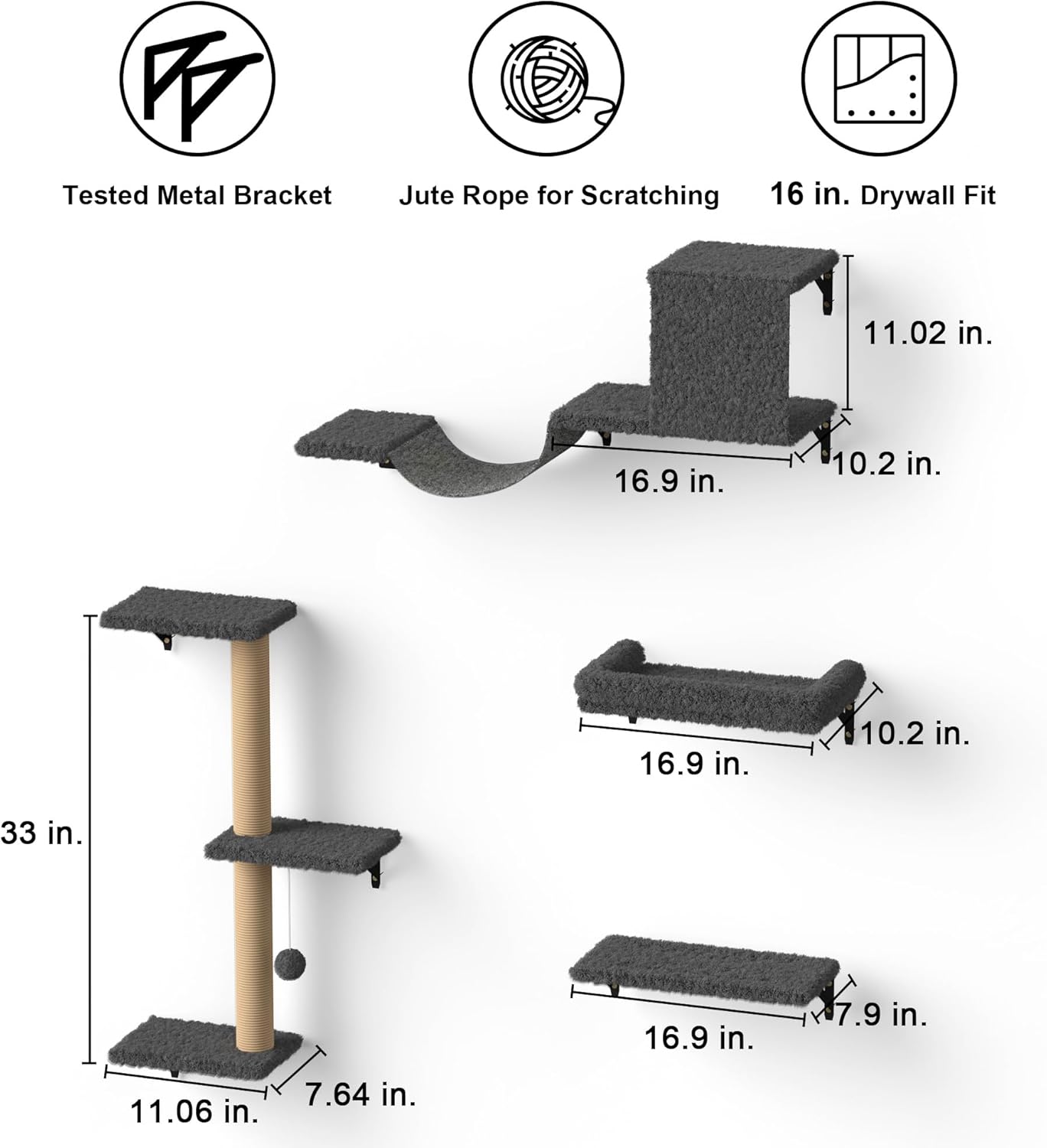 FUKUMARU Cat Wall Shelves, Stable & Safe 4 in 1 Cat Furniture Set, Wooden Climbing Wall with Scratching Post for 16 Inch Drywall – Gray