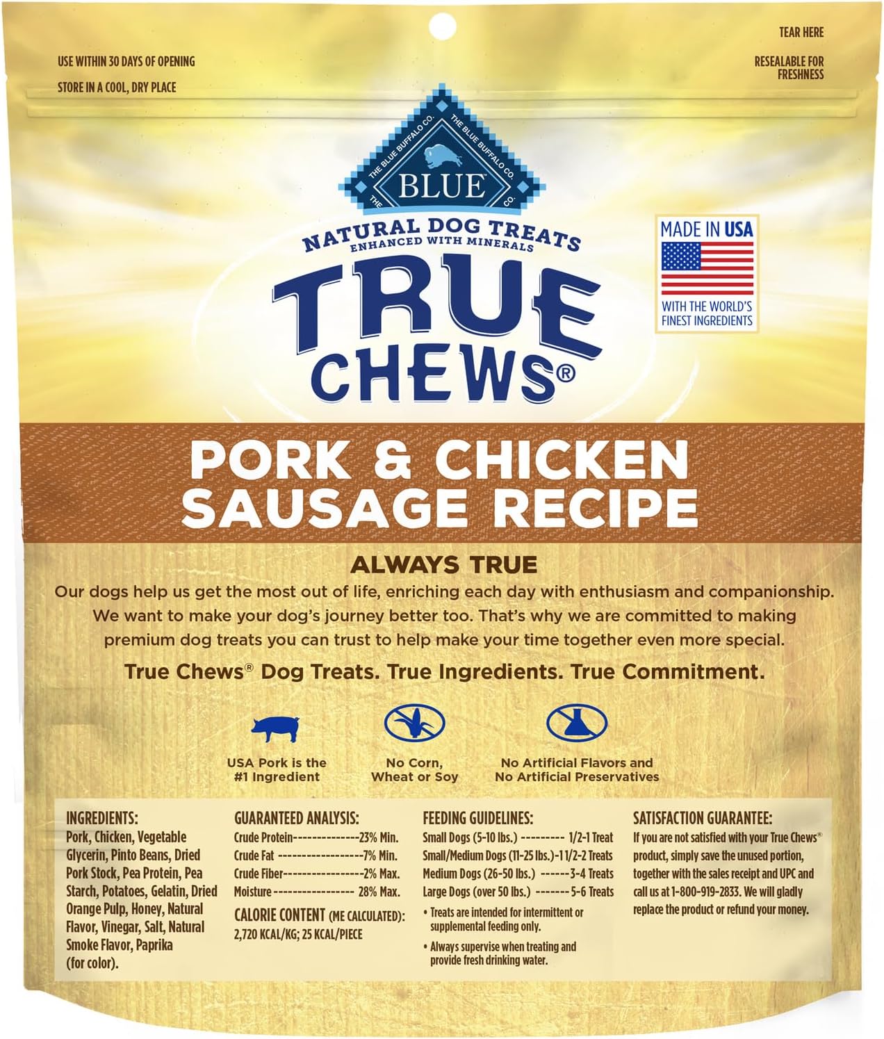 Blue Buffalo True Chews Dog Treats, Made in the USA with Natural Ingredients, Pork and Chicken Sausage Recipe, 14-oz Bag
