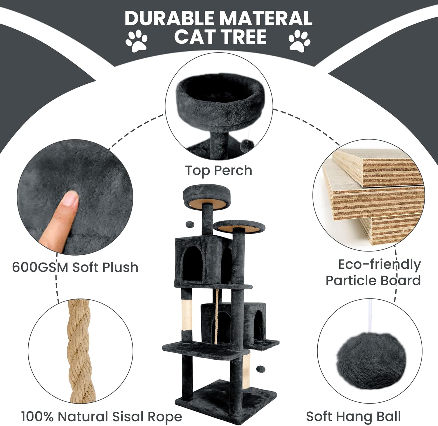 58.5inch Large Cat Tree Tower Condo for Indoor Cats, Soft Plush Multi-Level Climbing Tree Cat House with 1 360° Rotating Cat Cave, Scratching Post, More Entrance/Exit, Sisal Rope, Grey Black