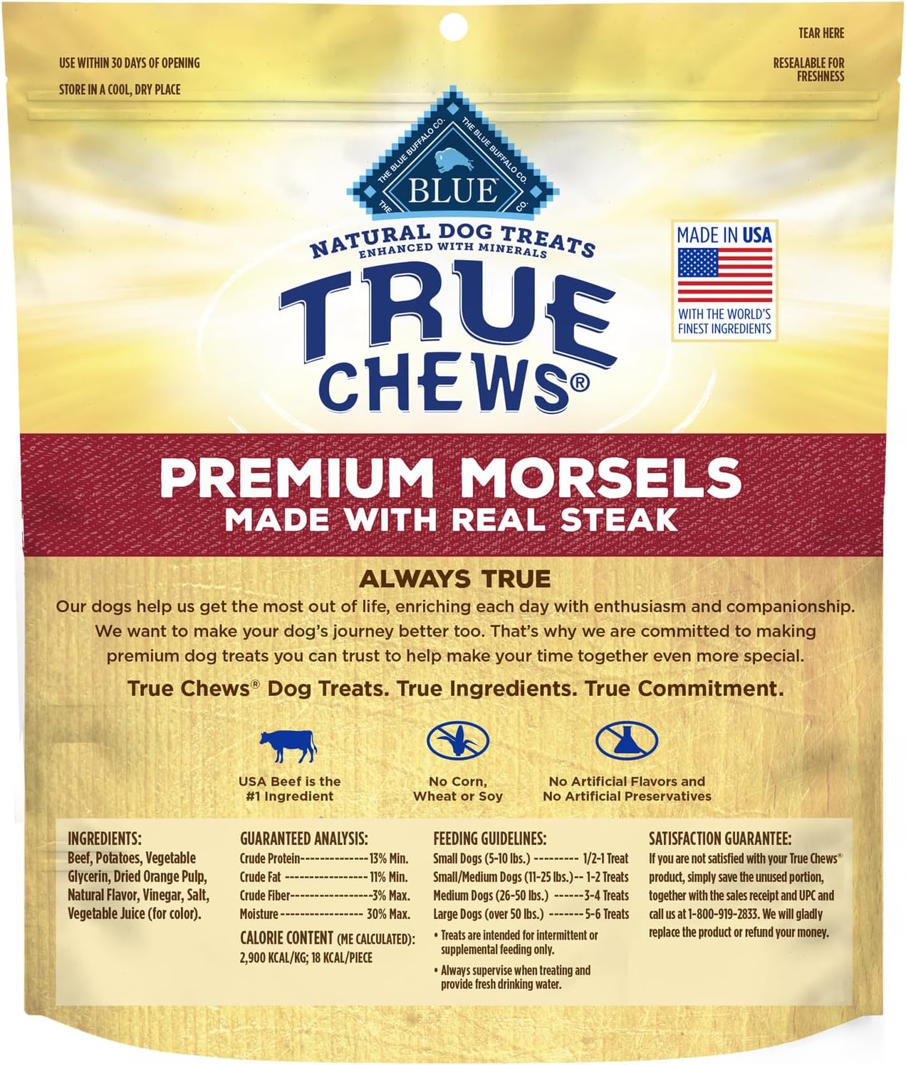 Blue Buffalo True Chews Premium Morsels Dog Treats, Made in The USA with Natural Ingredients, Steak, 10-oz Bag