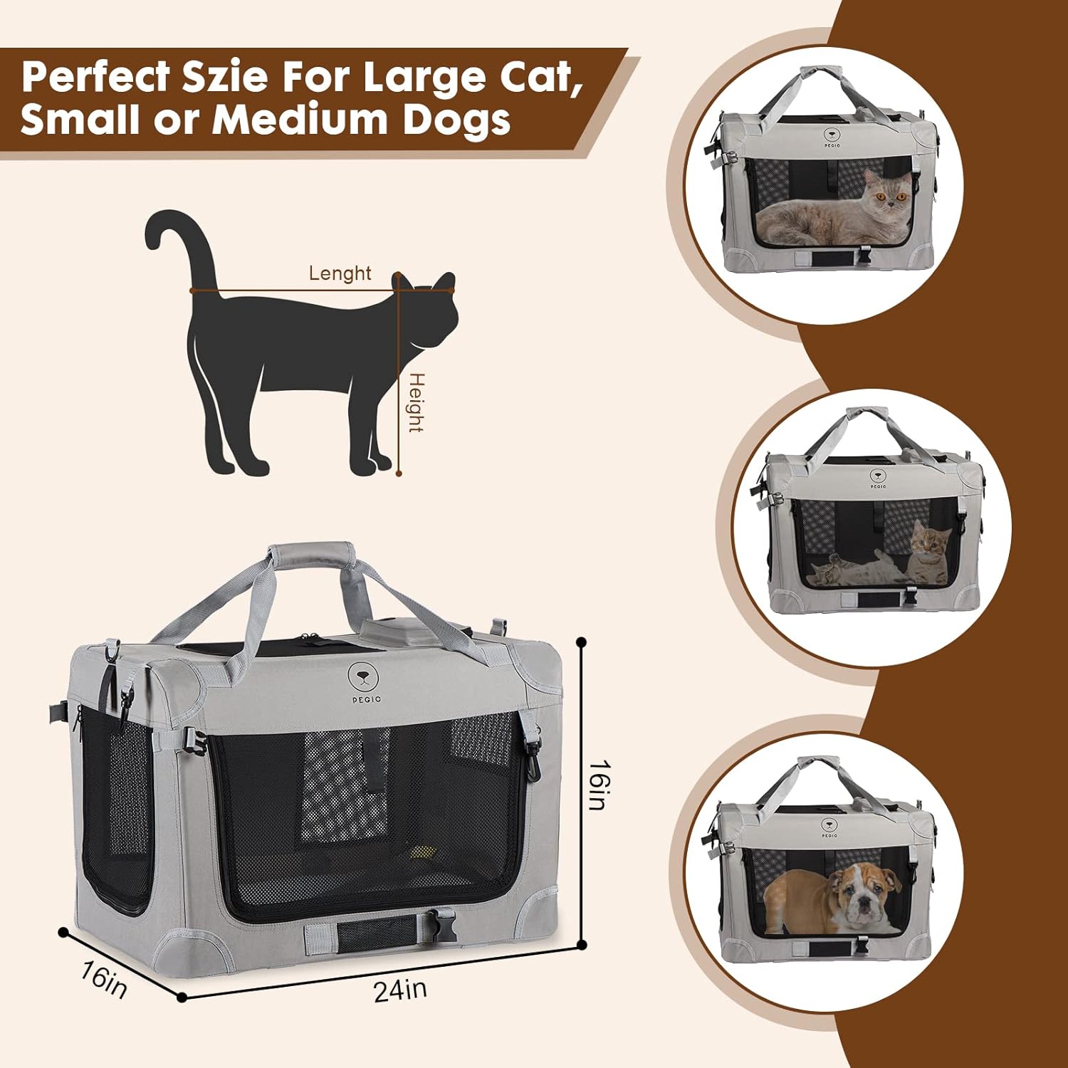 Extra Large Cat Carrier for 2 Cats, Portable Soft Sided Large Pet Carrier for Traveling, Indoor and Outdoor Uses, 24″×16″×16″