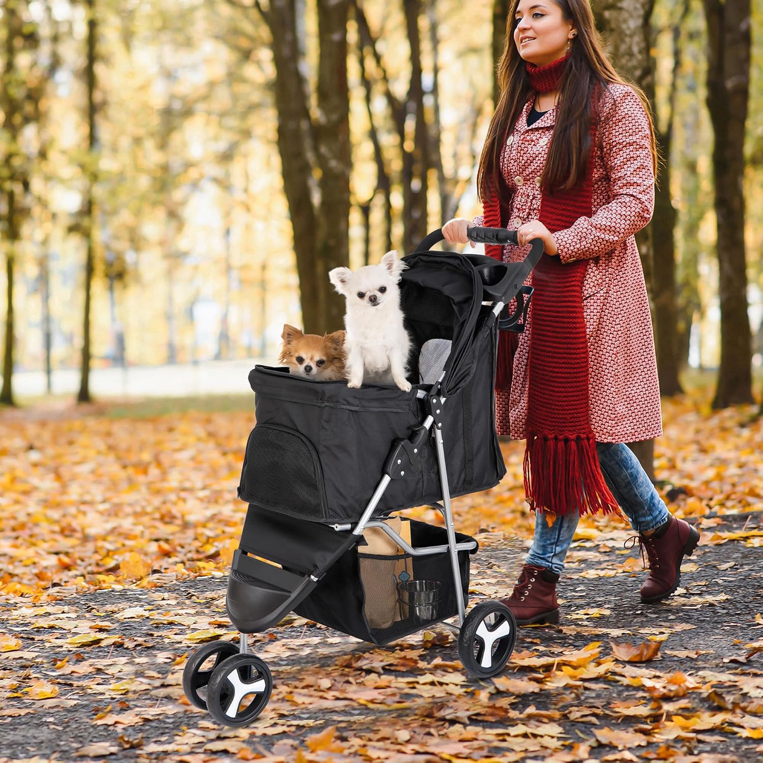 Foldable Pet Stroller for Cats and Dogs 3 Wheels Carrier Strolling Cart with Weather Cover, Storage Basket + Cup Holder (Black)
