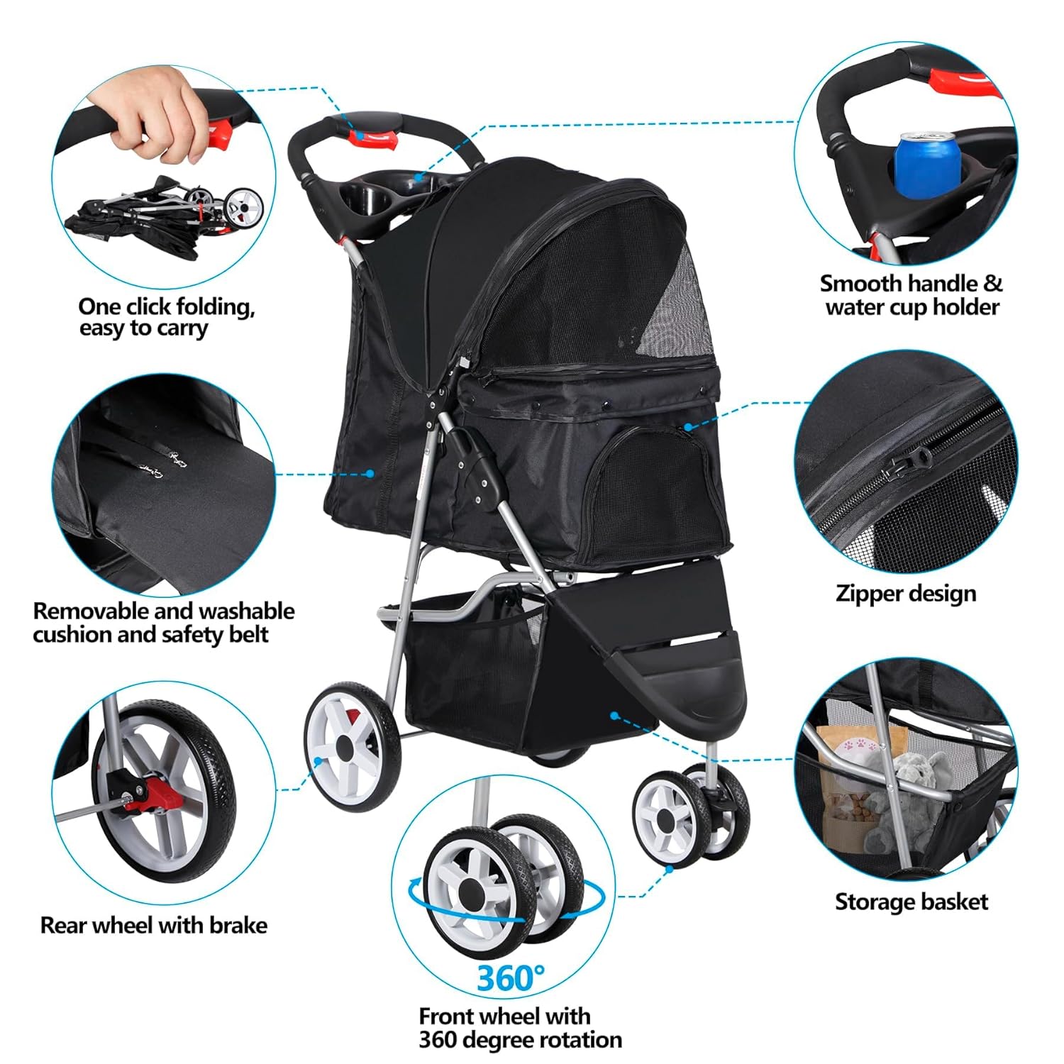 Foldable Pet Stroller for Cats and Dogs 3 Wheels Carrier Strolling Cart with Weather Cover, Storage Basket + Cup Holder (Black)