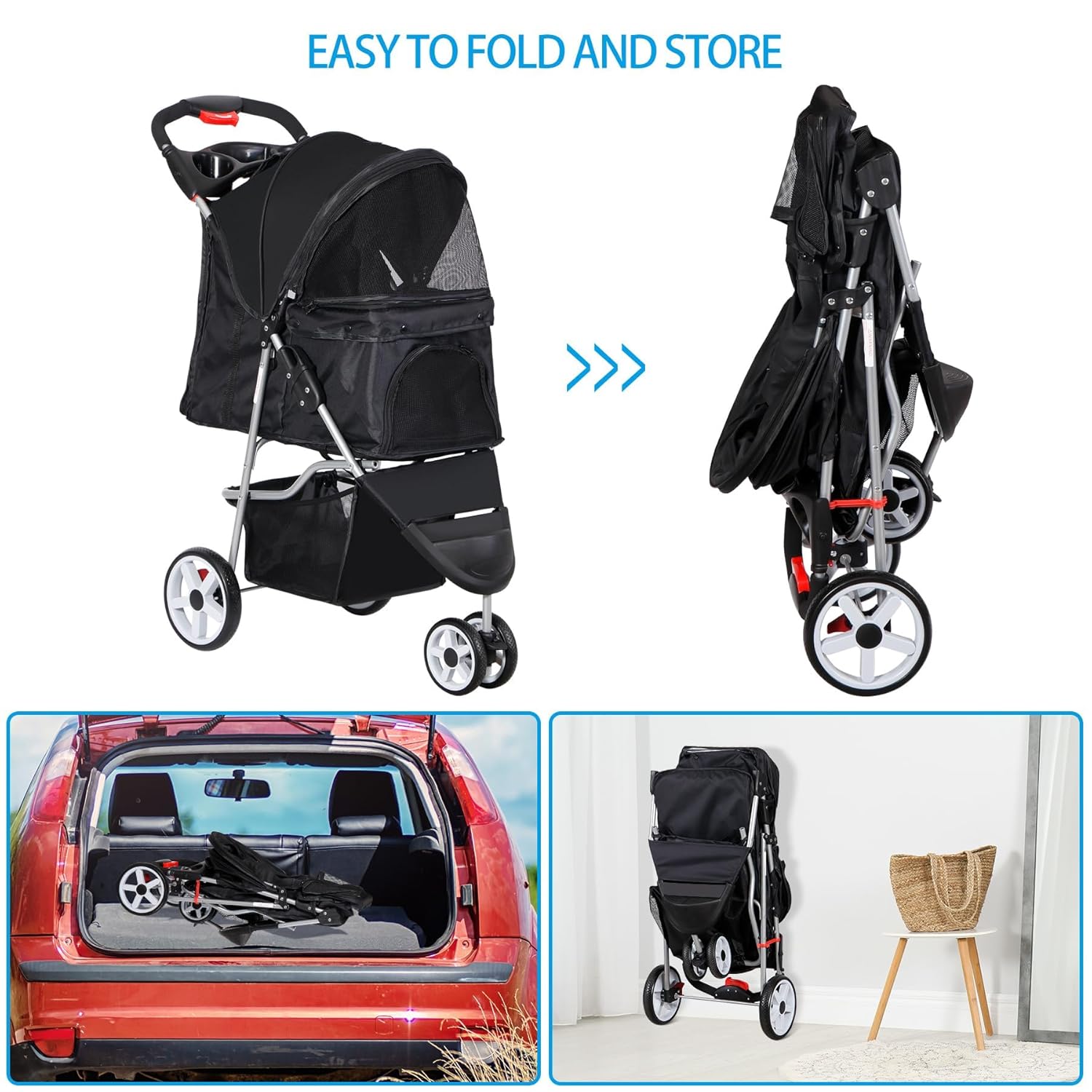 Foldable Pet Stroller for Cats and Dogs 3 Wheels Carrier Strolling Cart with Weather Cover, Storage Basket + Cup Holder (Black)