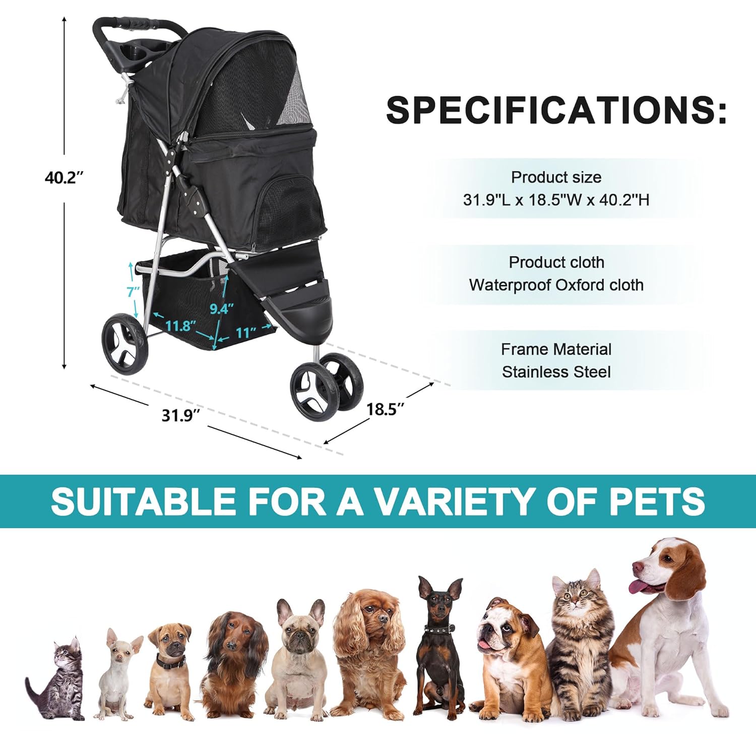 Foldable Pet Stroller for Cats and Dogs 3 Wheels Carrier Strolling Cart with Weather Cover, Storage Basket + Cup Holder (Black)
