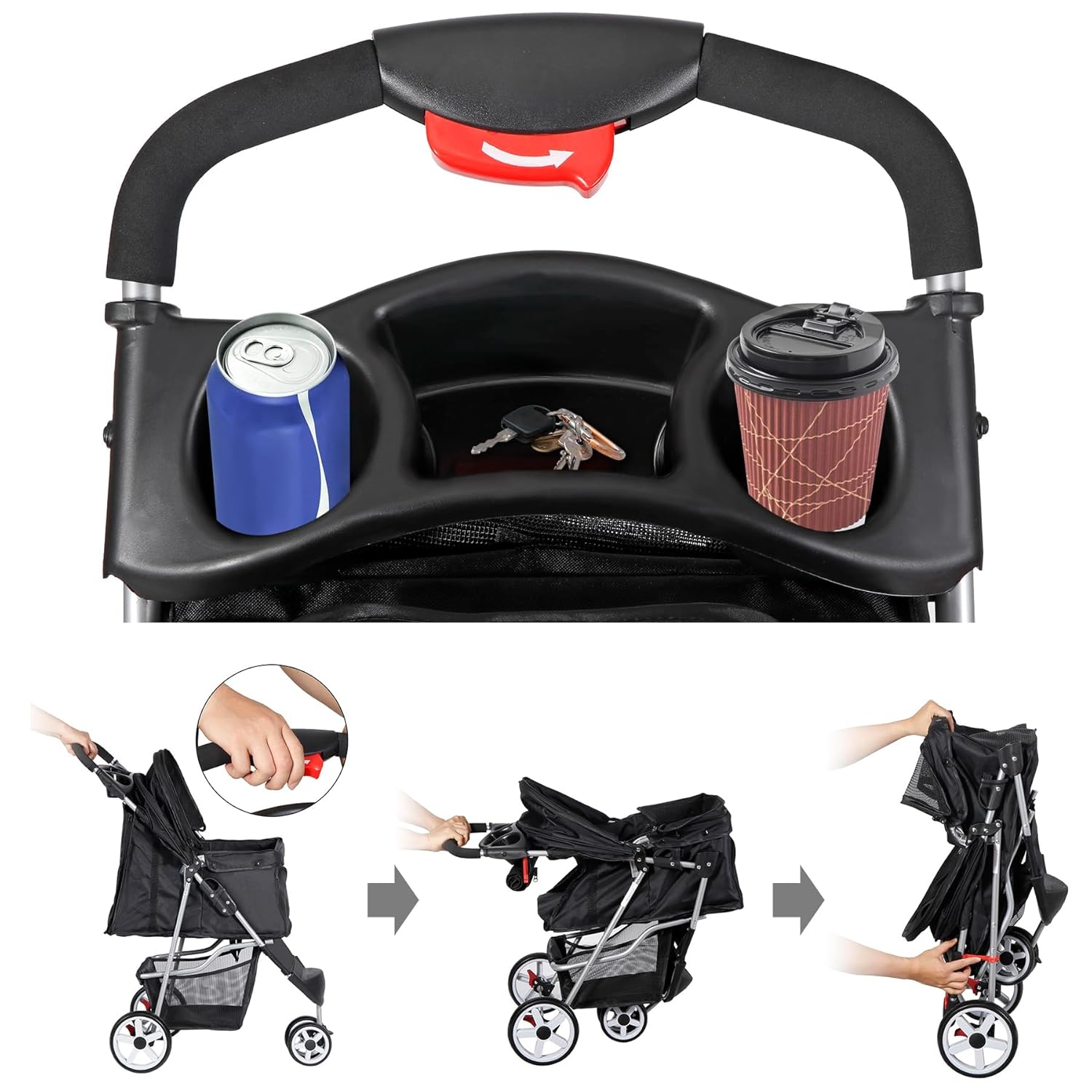 Foldable Pet Stroller for Cats and Dogs 3 Wheels Carrier Strolling Cart with Weather Cover, Storage Basket + Cup Holder (Black)