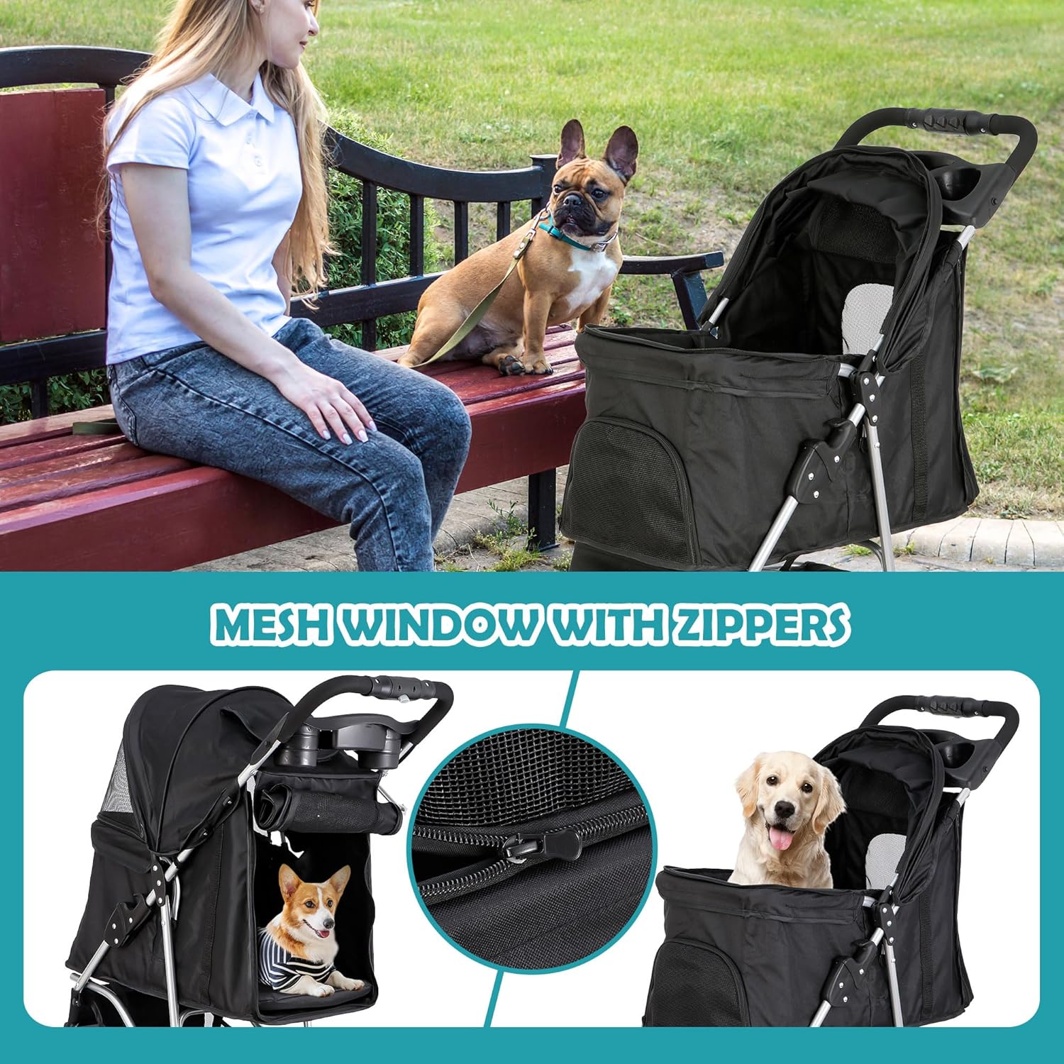 Foldable Pet Stroller for Cats and Dogs 3 Wheels Carrier Strolling Cart with Weather Cover, Storage Basket + Cup Holder (Black)