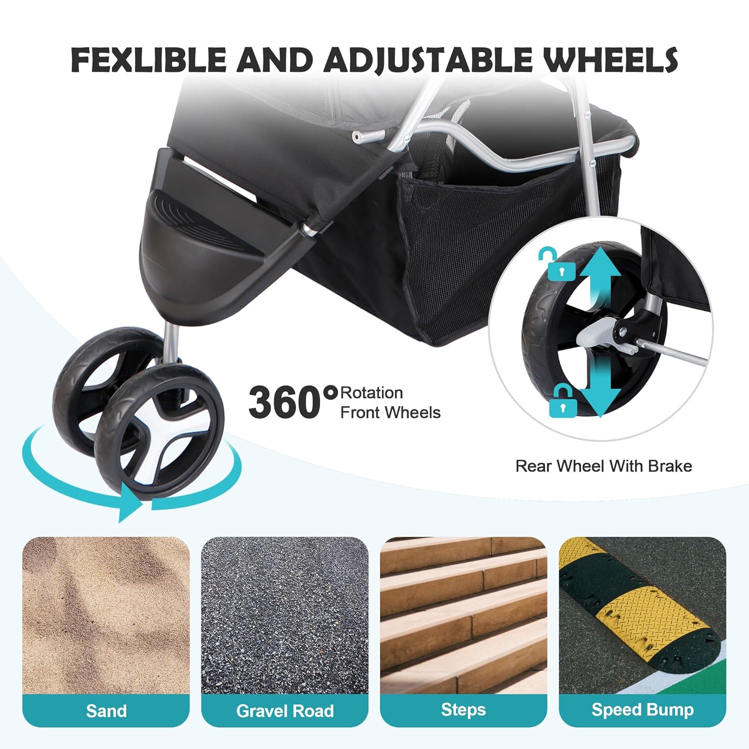 Foldable Pet Stroller for Cats and Dogs 3 Wheels Carrier Strolling Cart with Weather Cover, Storage Basket + Cup Holder (Black)