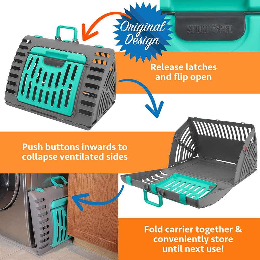 Sport Pet Designs Foldable Travel Cat Carrier – Front Door Plastic Collapsible Carrier Collection, Waterproof Bed