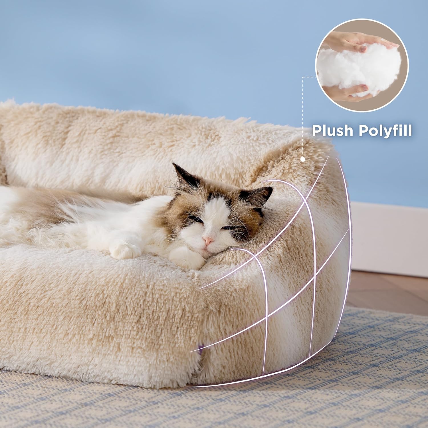 Lesure Cute Cat Bed Indoor – Furry Cat Bed Large, Washable Calming Small Dog Beds for Puppy with Fashion Design, 26x21x9inches, Beige Stripe
